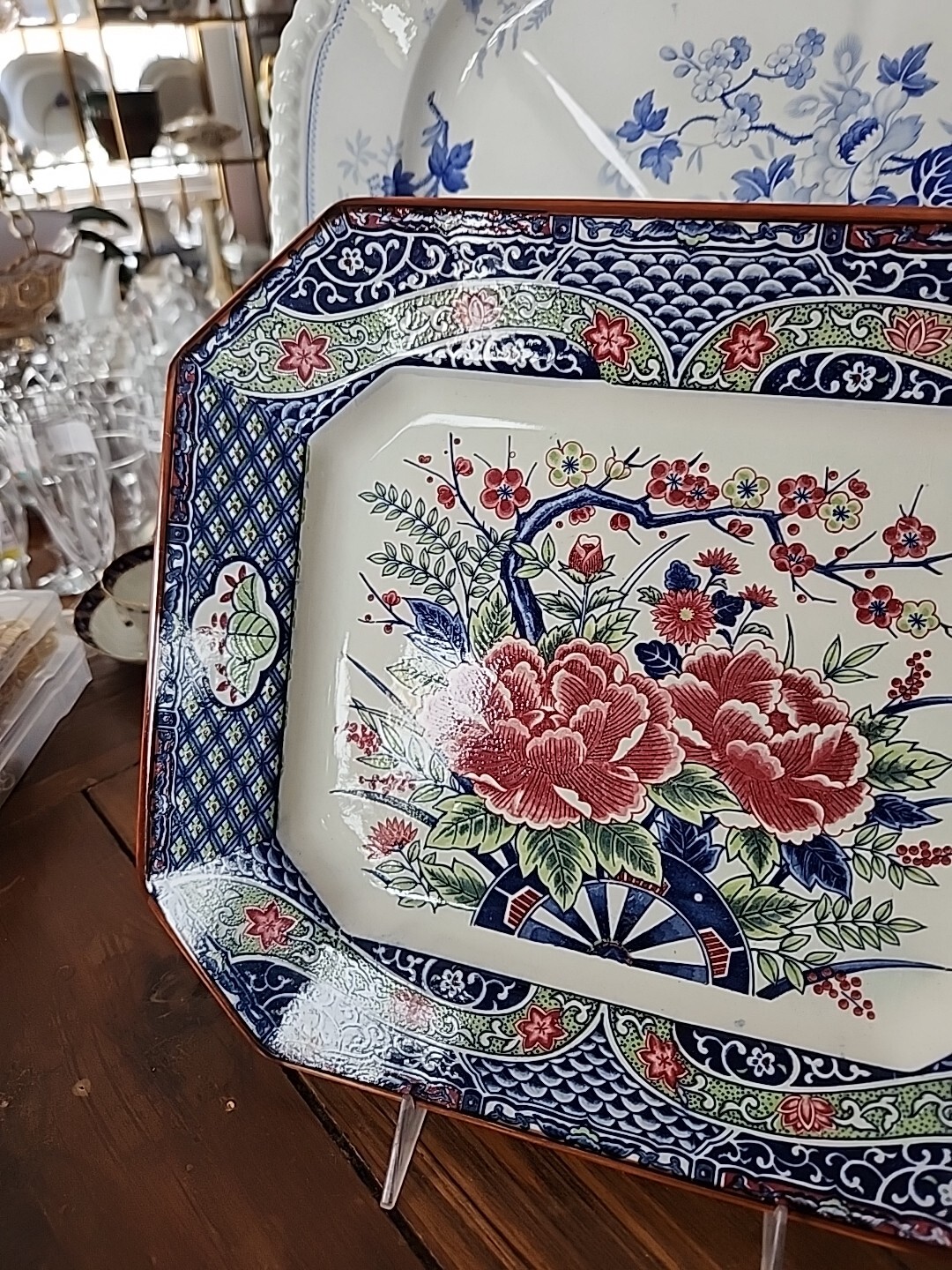 Blue Transferware Polychrome 13.5″ × 11.3/4″ Platter Florals