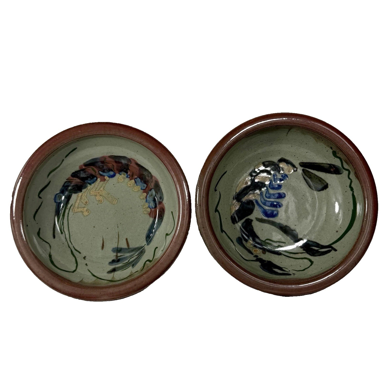 Set/2 Studio Pottery Bowls 7.5” Celadon Speckled Stoneware Prawn Shrimp Nautical