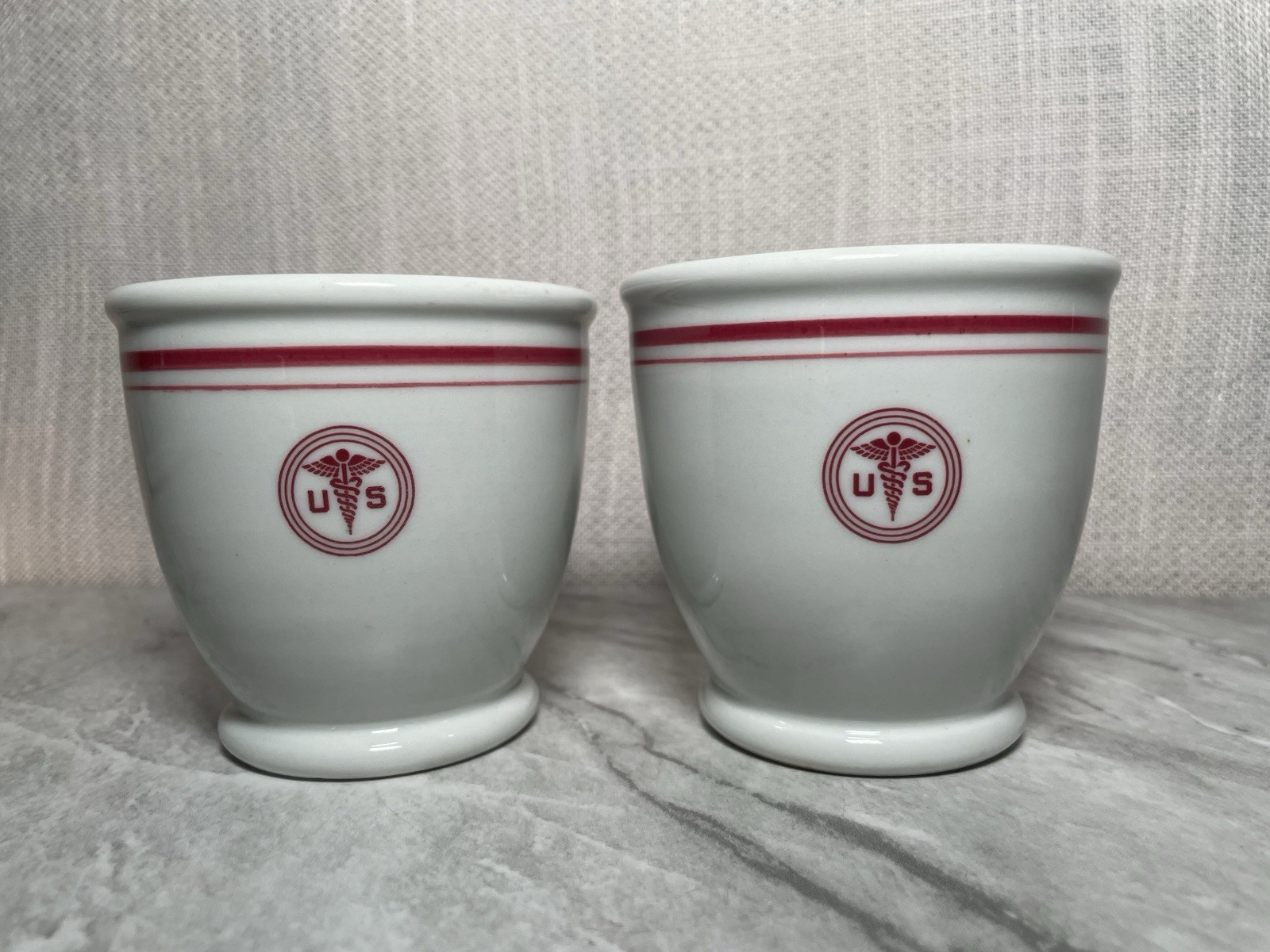 2 Vintage Shenango China medical Hospital Cups US Logo Red Stripe 3.25 X 3.25