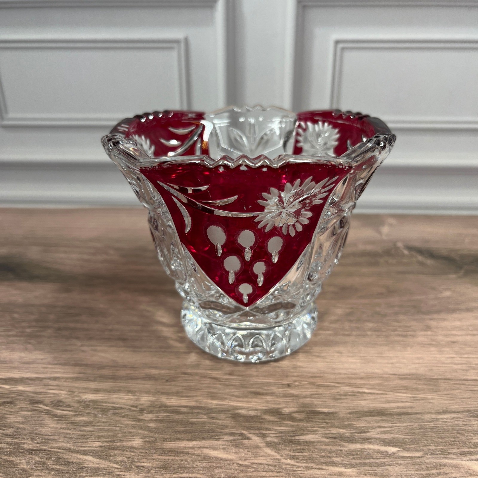 Evita Crystal 3pc Bowl Vase Set Red Clear 24% Lead Crystal Ruby Cut to Clear