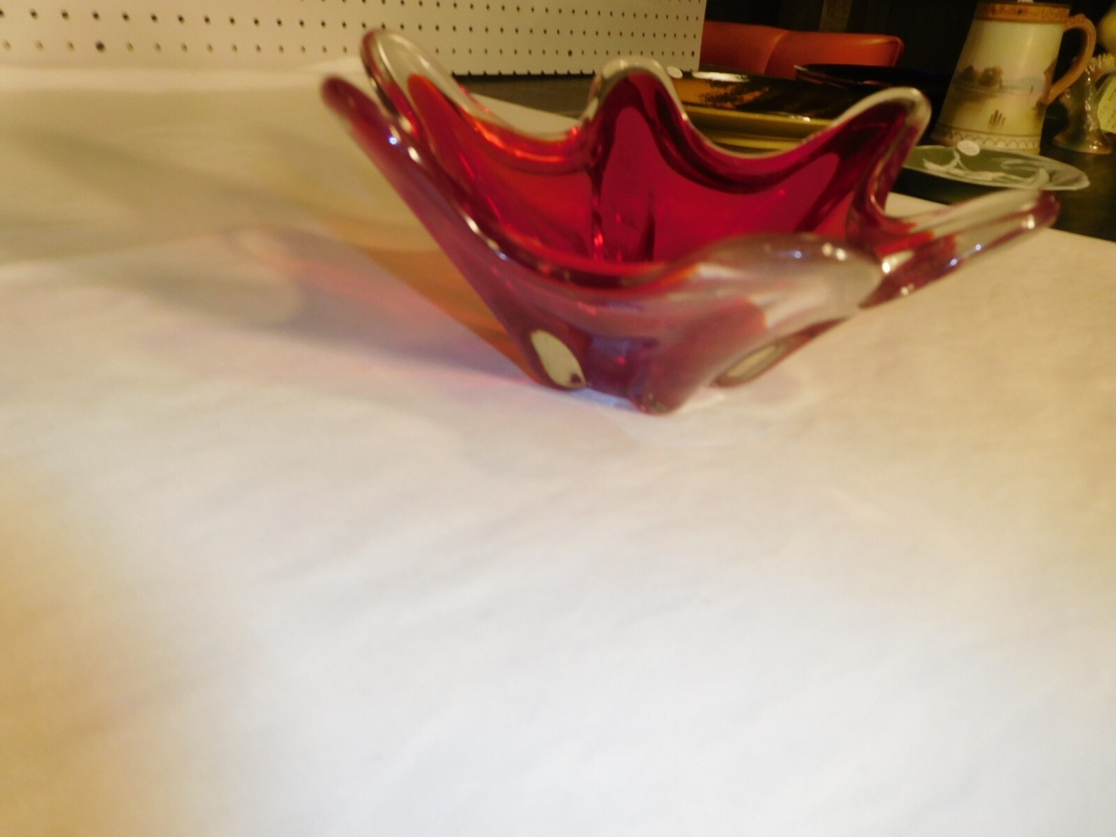 Vintage Red & Clear Six Pointed Hexagonal Glass Bowl