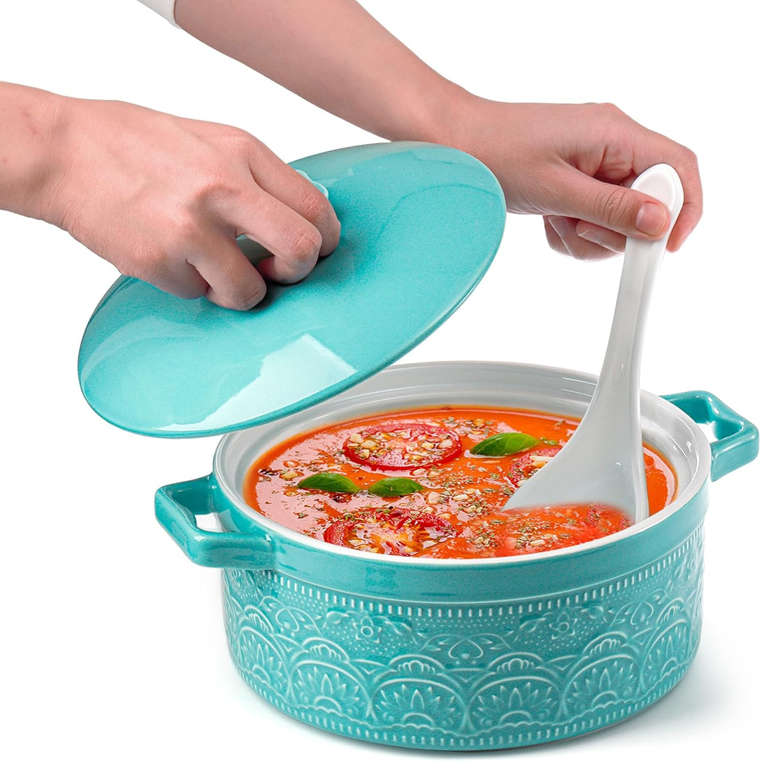 Elsjoy 2 Quart Round Ceramic Casserole Dish with Lid, 7.5 Inch Covered Casserole