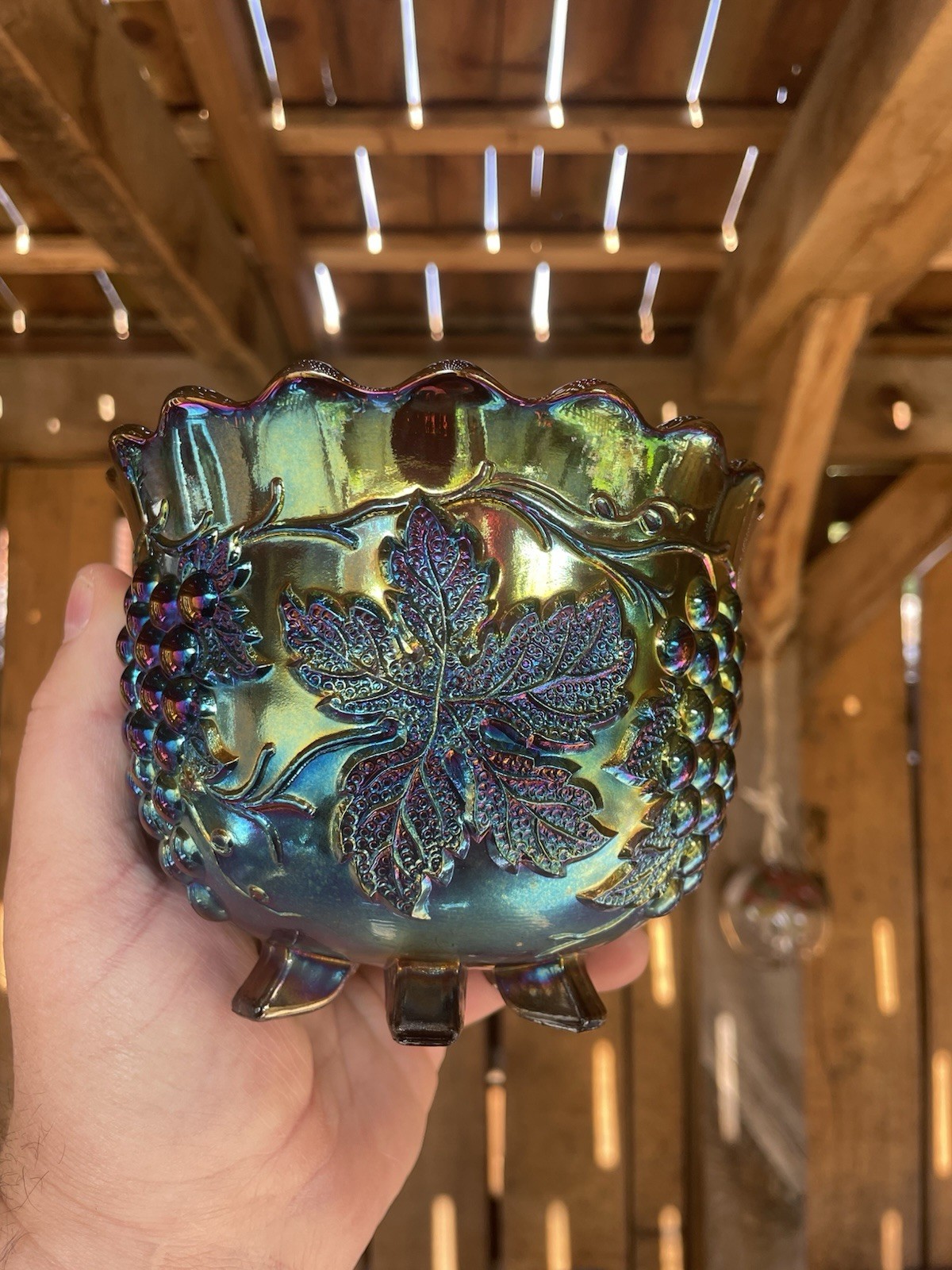 CARNIVAL GLASS ~ ELECTRIC DUGAN GRAPE DELIGHT FLARED NUT BOWL ~