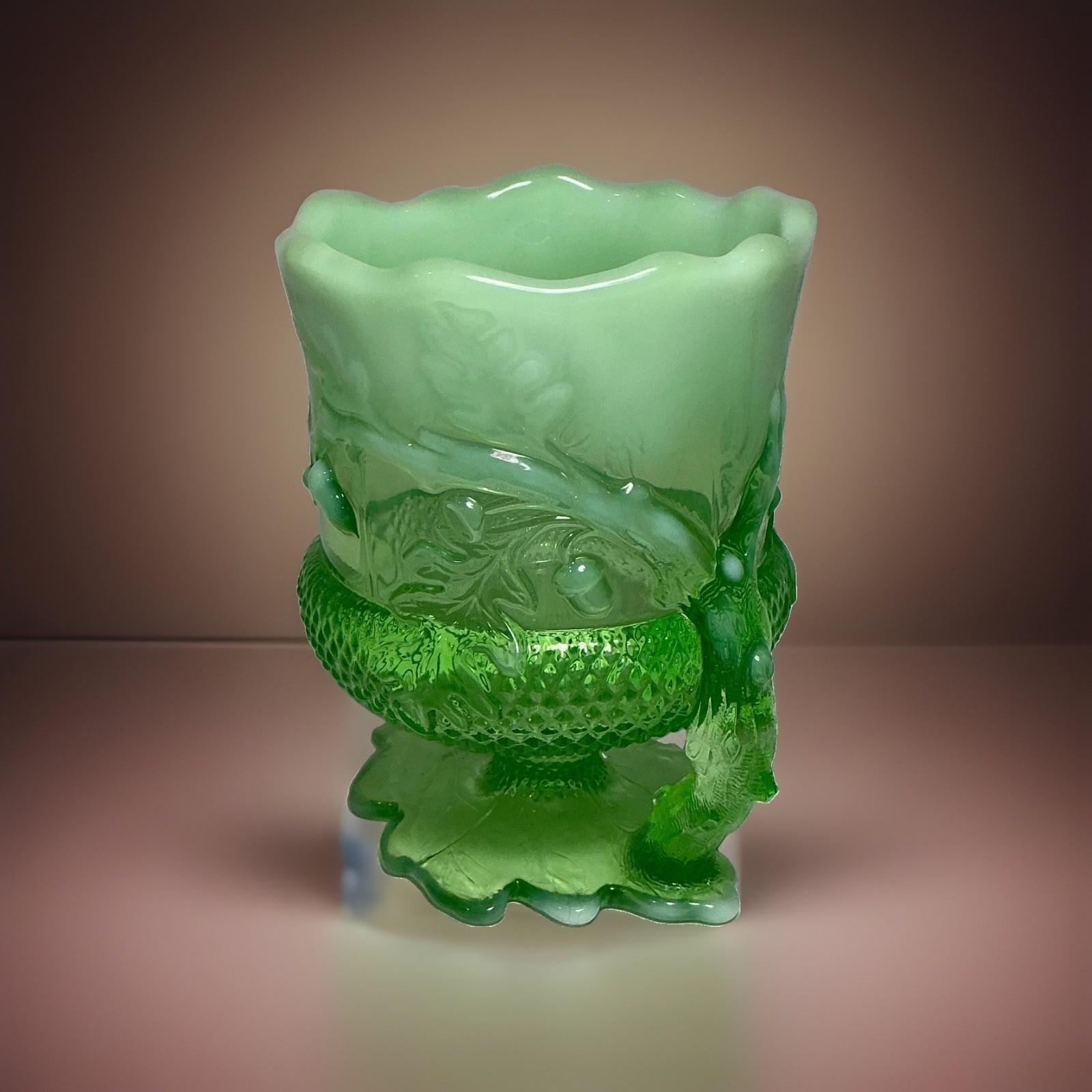 Vintage Mosser Glass Green Glass Acorn & Oak Pattern Spooner 5 in.