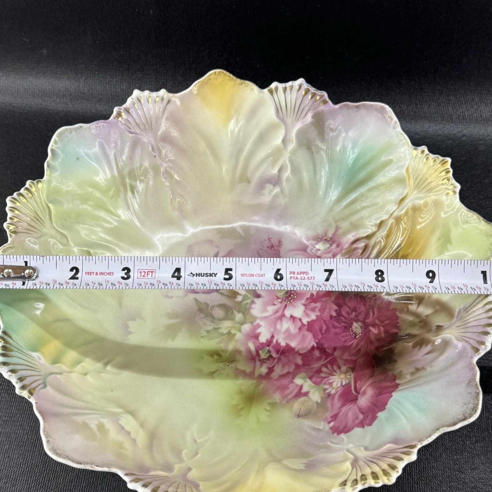 Antique RS Prussia Rare Shell & Fan Mold 10” Bowl Pink Floral Bouquet