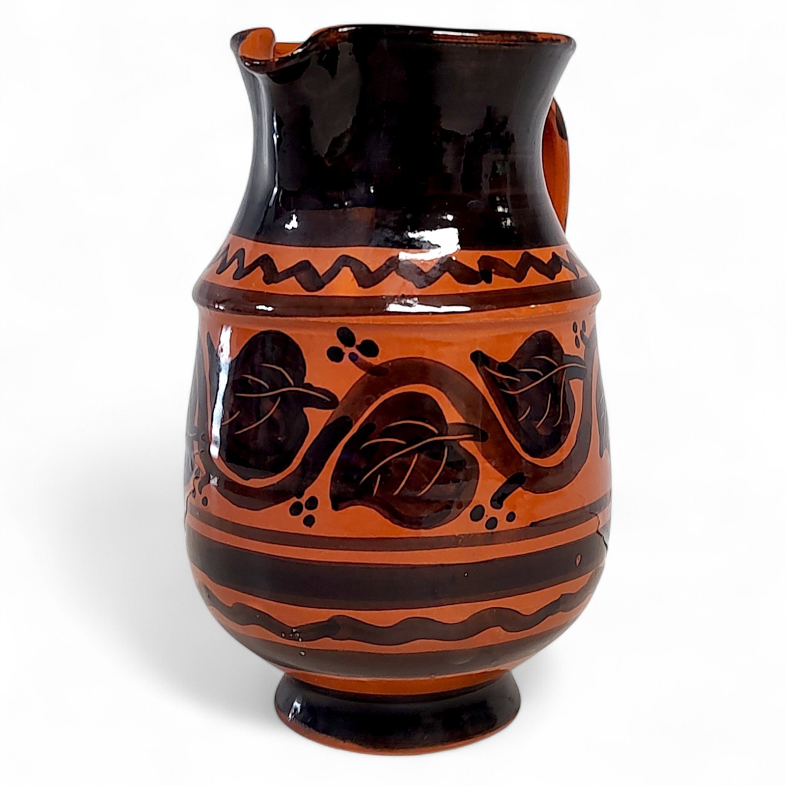 Hand Thrown Terracotta Glazed Pottery Pitcher Orange/Black Hand Painted 6″