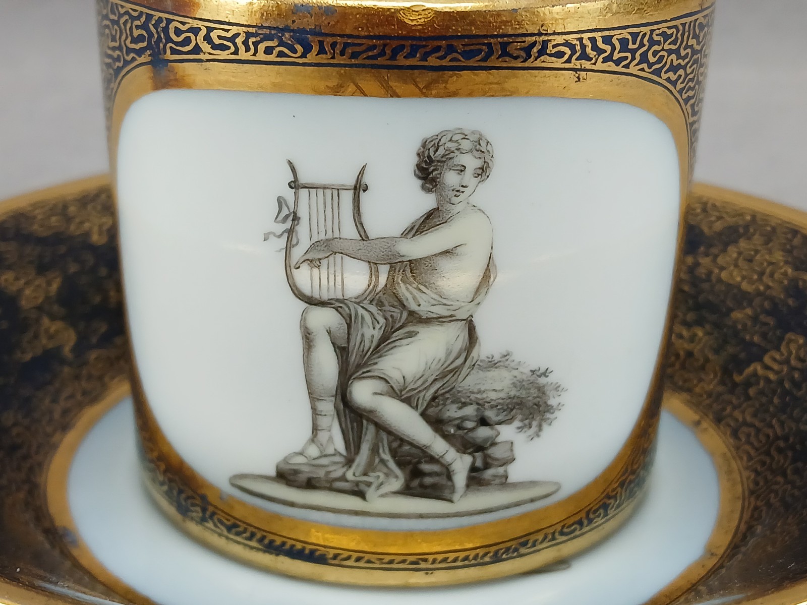 KPM Berlin Hand Painted Neoclassical Figures Cobalt & Gold Cup & Saucer C. 1790