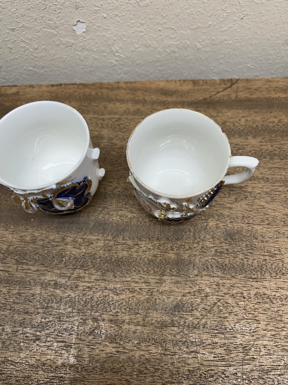 Antique Germany cobalt blue white gold rust Demitasse Cup applied Flowers Leaves