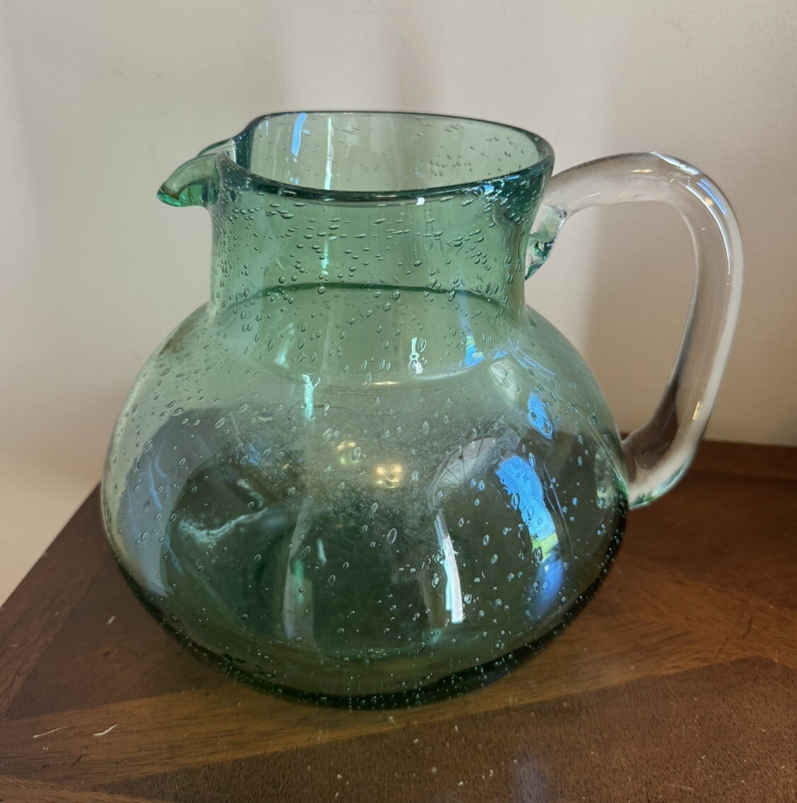 END 7/23 Large Hand Blown Green Bubble Glass Pitcher Heavy Applied Handle Seeded