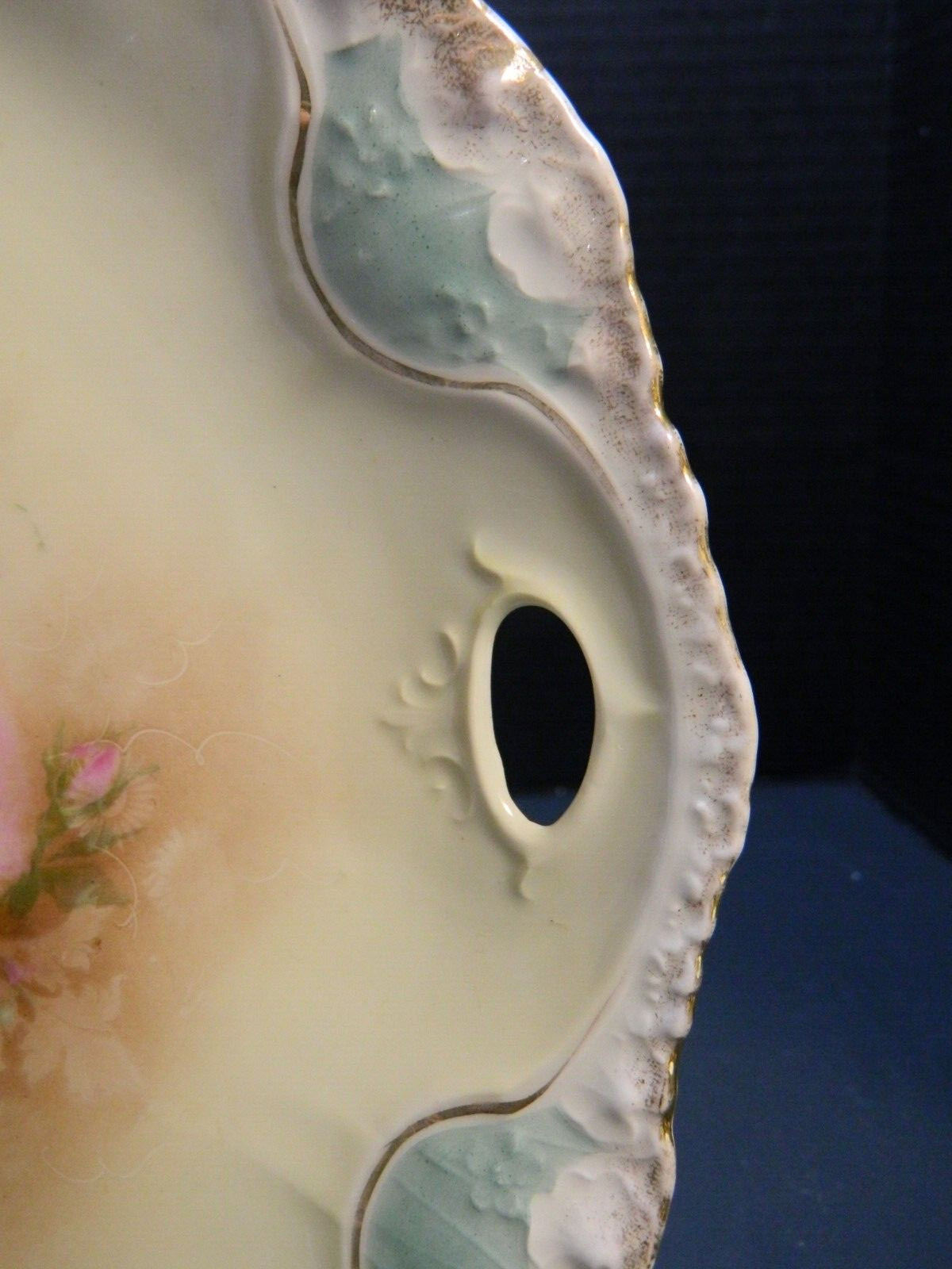 Antique RS Prussia Blue Scalloped Handled Rose Tray 1.25″x10.25″x10.5″ Excellent