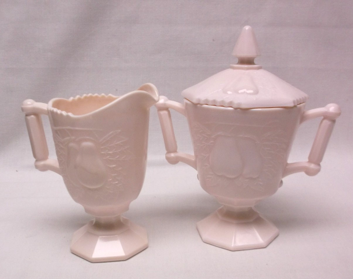 Jeannette Pink Milk Glass Baltimore Pear Creamer and Lidded Sugar Bowl