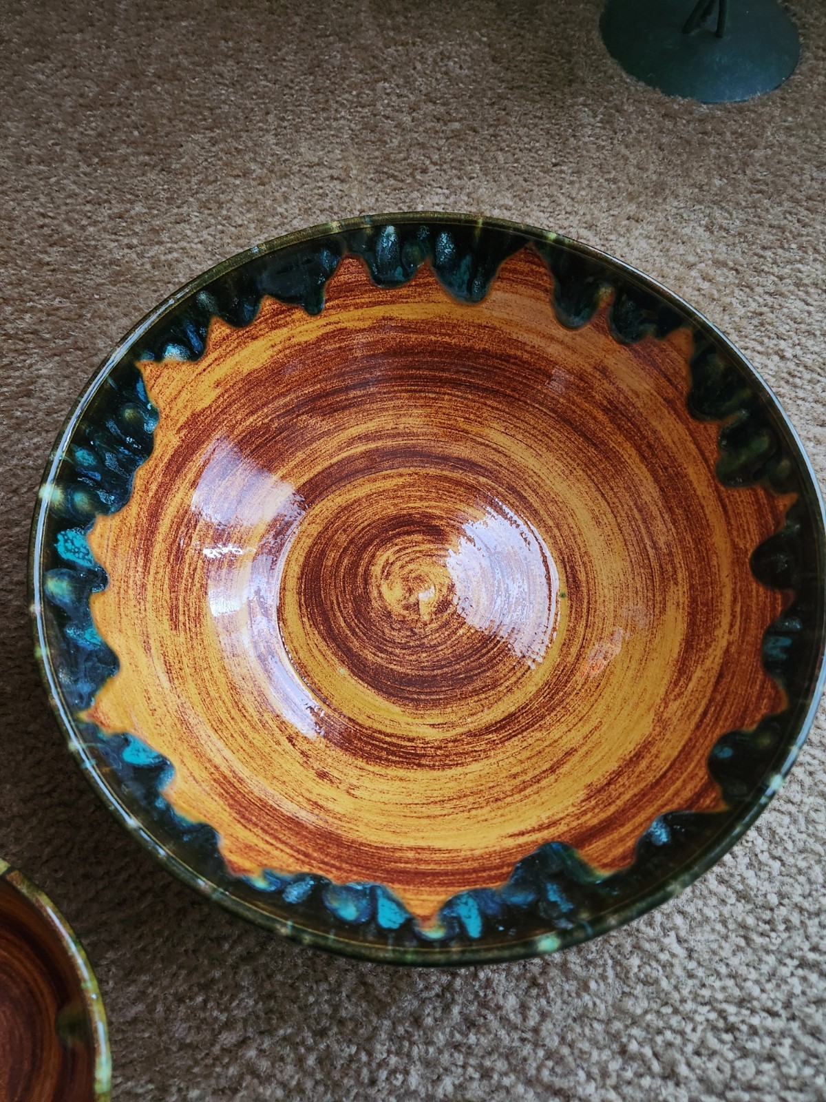 Large pottery salad bowl with 4 serving bowls, unique glaze, mid century