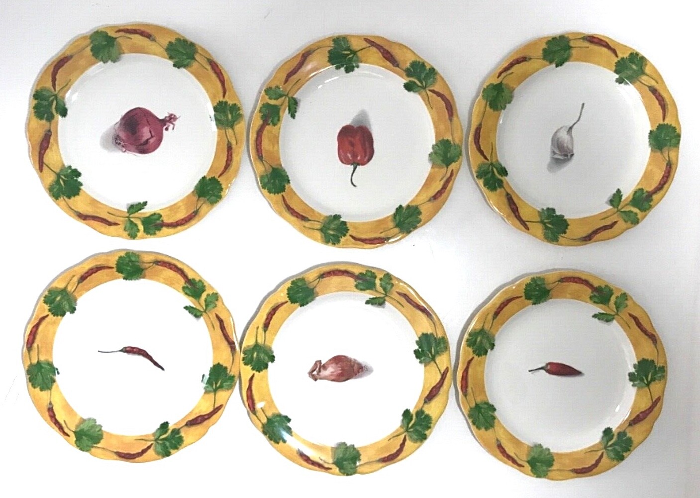 GIEN France Poivre Et Sel Yellow Red Peppers Salad Plates Set 6