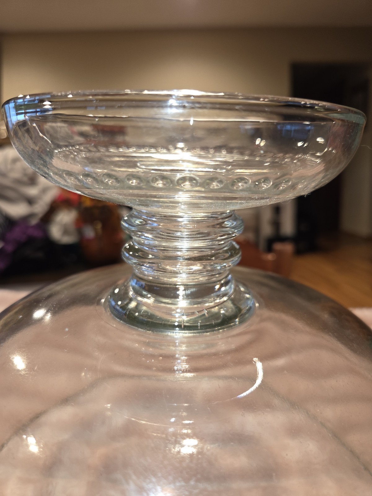 Clear Glass Pedestal Bowl Beaded Edge Round Glossy Elegant Decorative