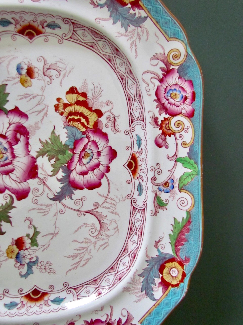 Antique Cauldon Large Platter Bentinck Turquoise Floral Transferware England