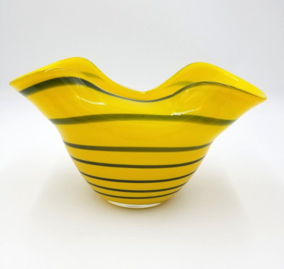 LARGE Art Glass Vase Hand Blown Yellow w Stripes Pinched Side Polished Pontil