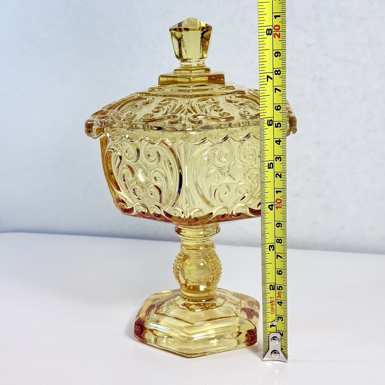 VTG Imperial Glass Atterbury Scroll Pedestal Compote Candy Dish Lid Hexagon EUC!