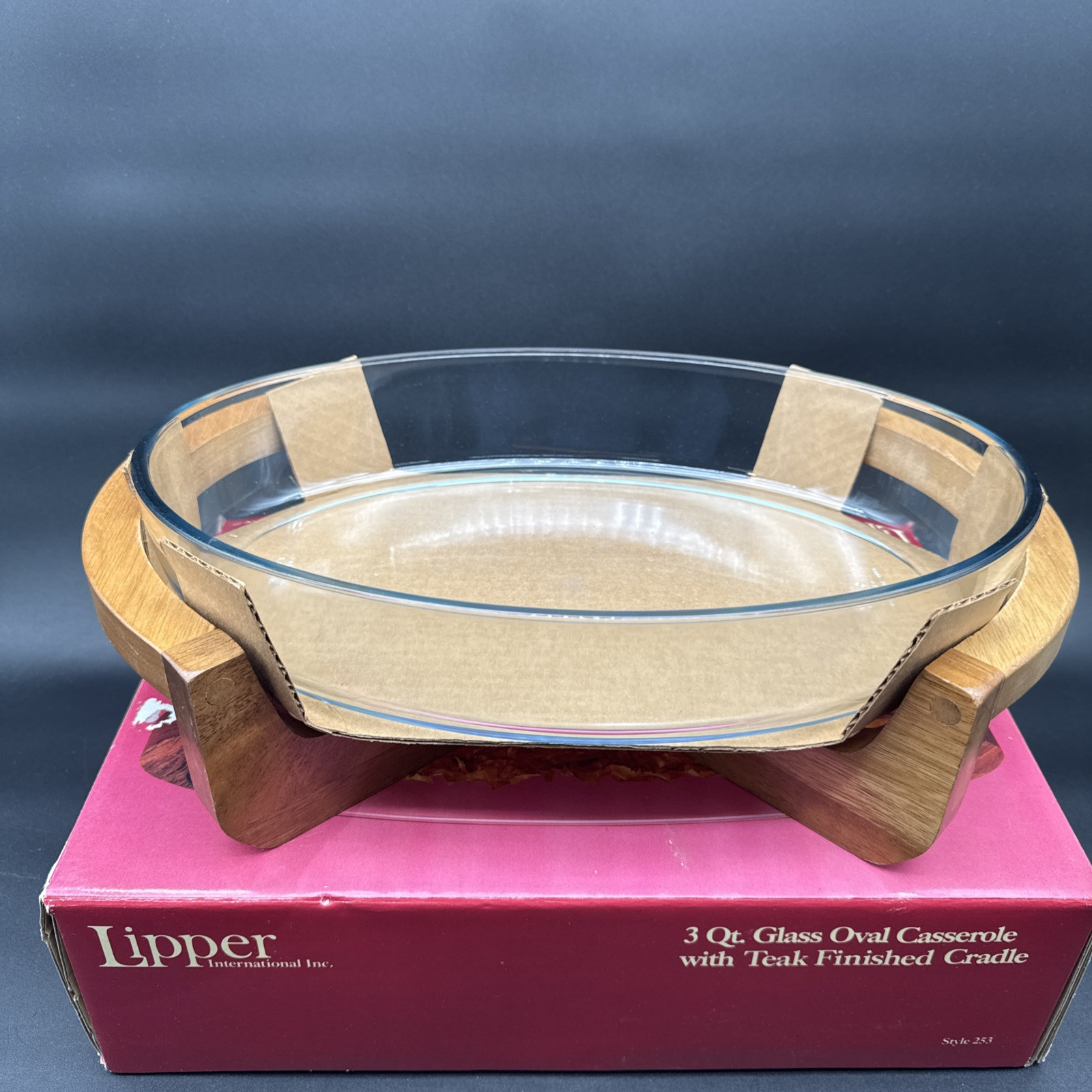 Lipper International Vintage 3 Qt Oval Glass Casserole With Teak Finished Cradle