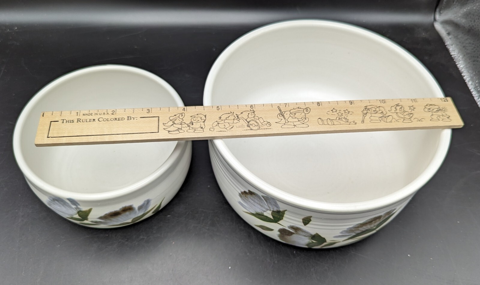 Canadian Pottery Bowls by Aberle Potters Blue Floral Design 7″ & 5″ Matched Set