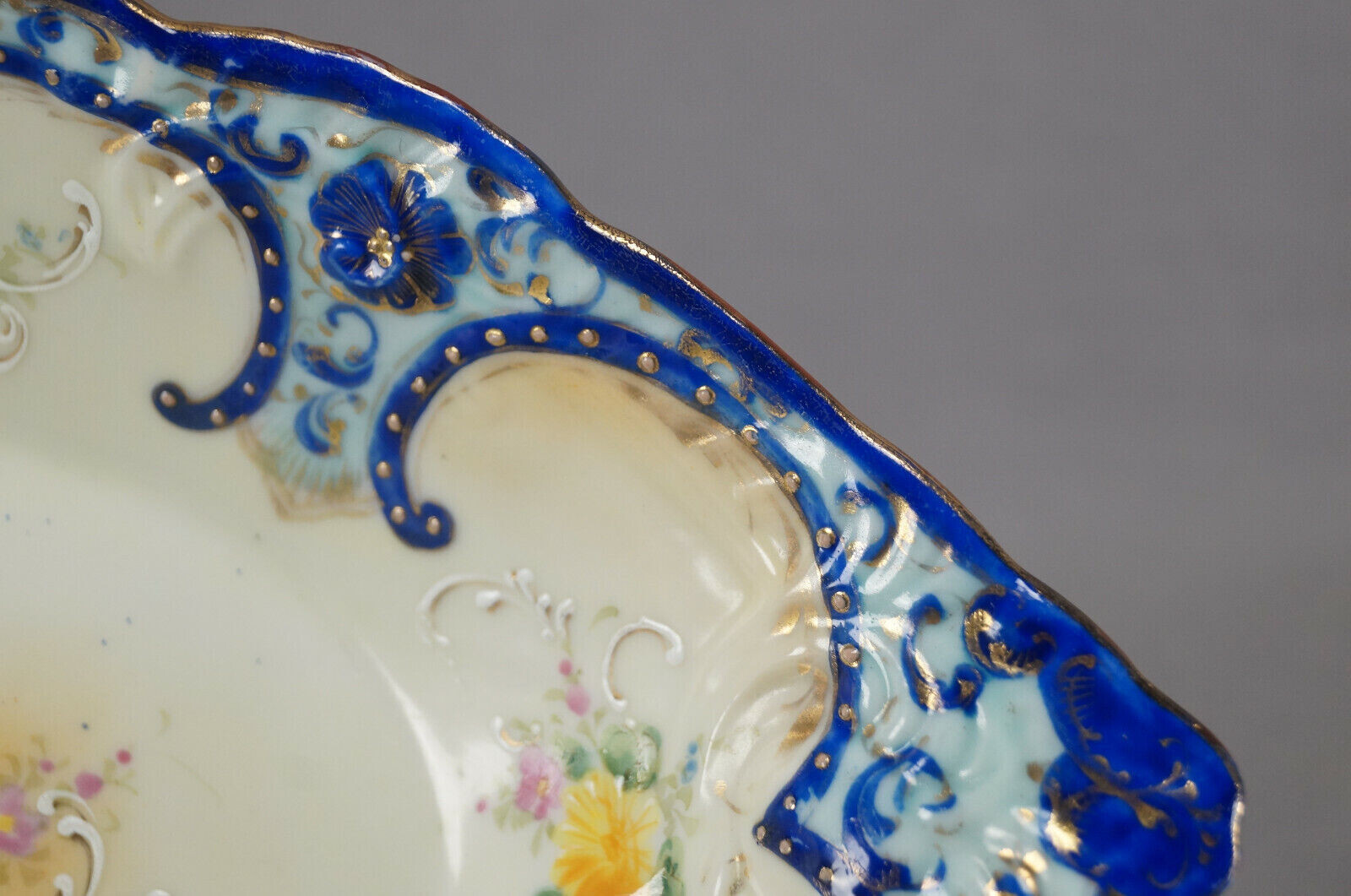 Nippon Hand Painted Floral Cobalt Blue Yellow & Gold Beaded & Scrollwork Bowl