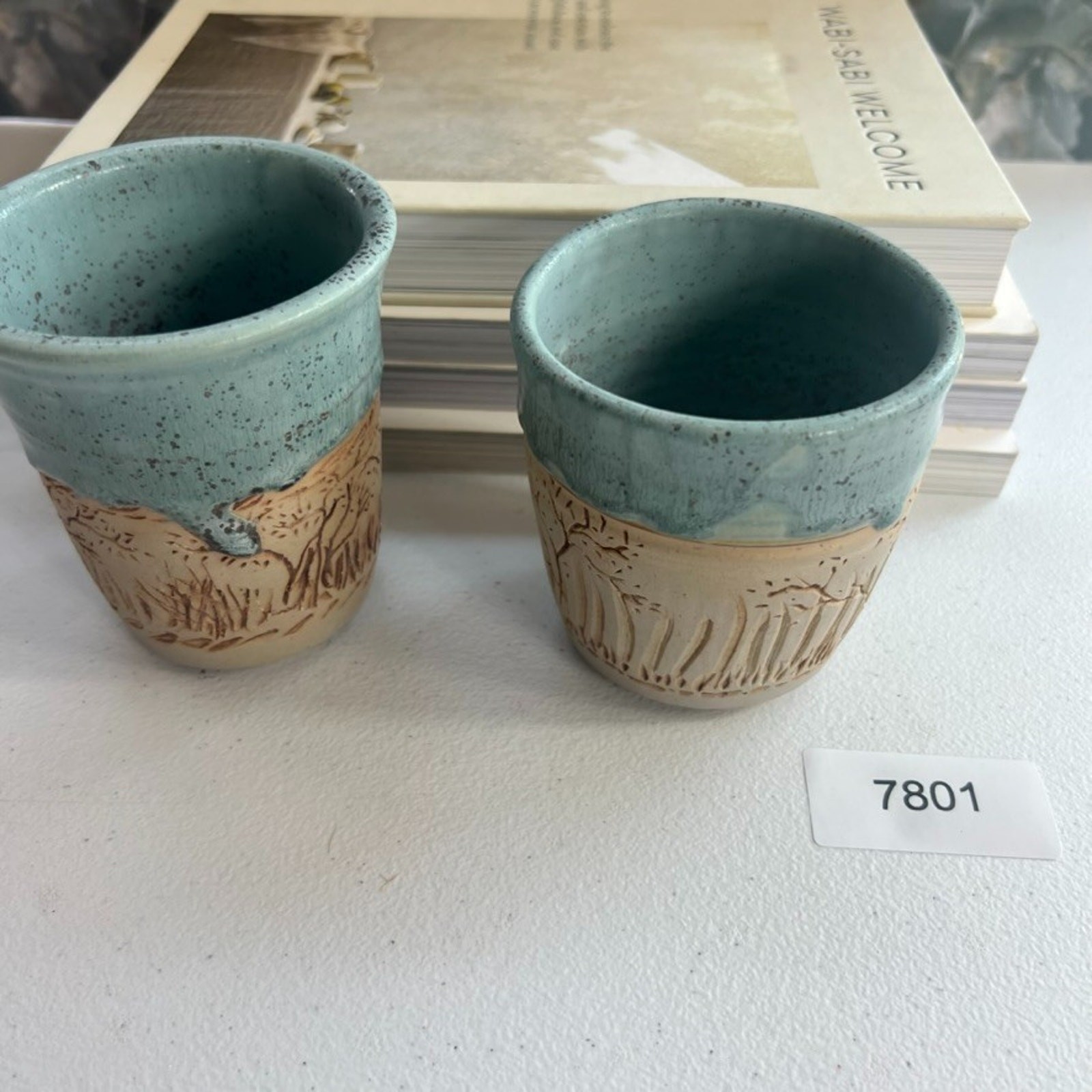 Unmarked Stoneware Tumbler Cups Speckled Blue Etched Tree Design Set of 2