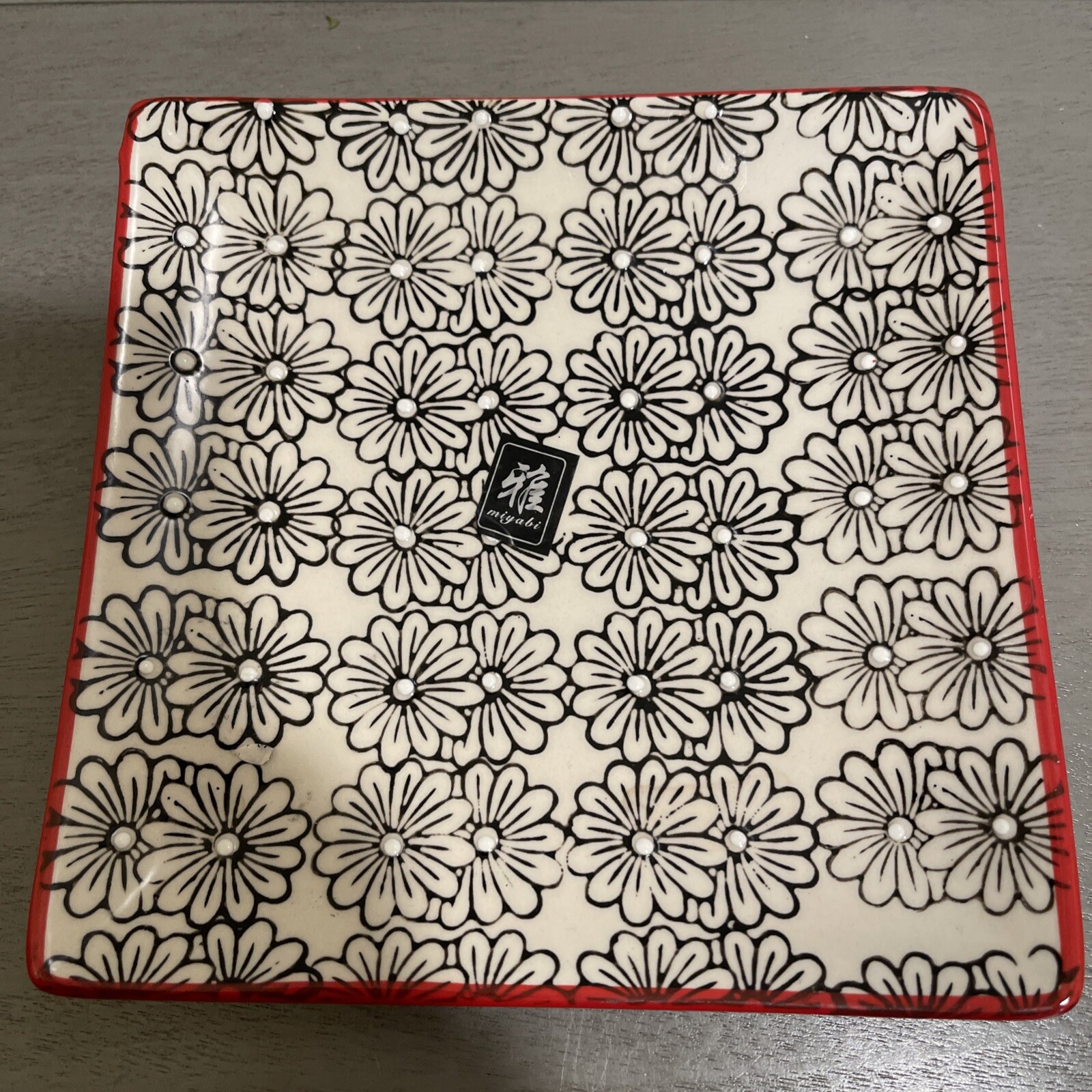 Yokohama Studio Miyabi Square Sushi Plate Hand Painted Red and Black Geometric