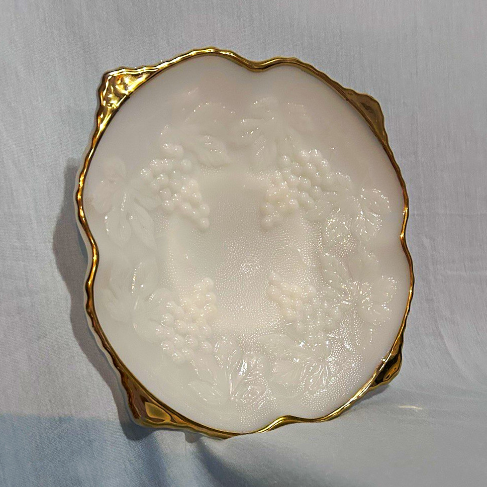 White Milk Glass Grape Pattern Round Bowl with Gold Trim Scalloped Rim
