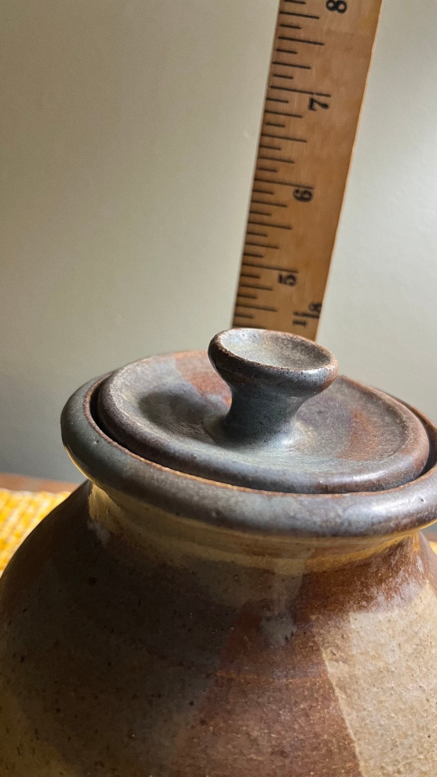 Stoneware Pottery Lidded Ceramic Jar Colored w/Brown, Tan Grey Glaze
