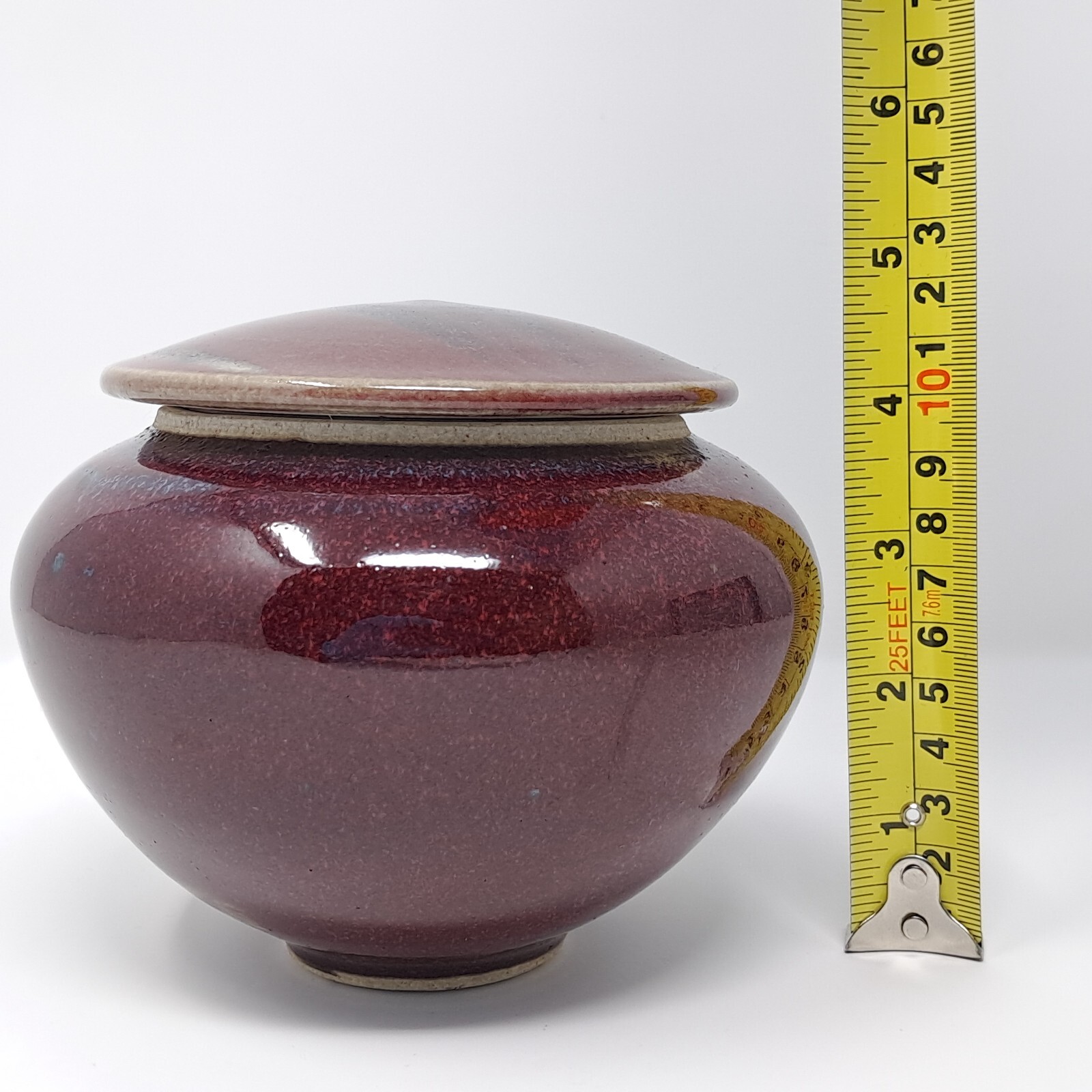 Stoneware Pottery Jar w/ Lid onion shape Deep Red w/ Blue signed