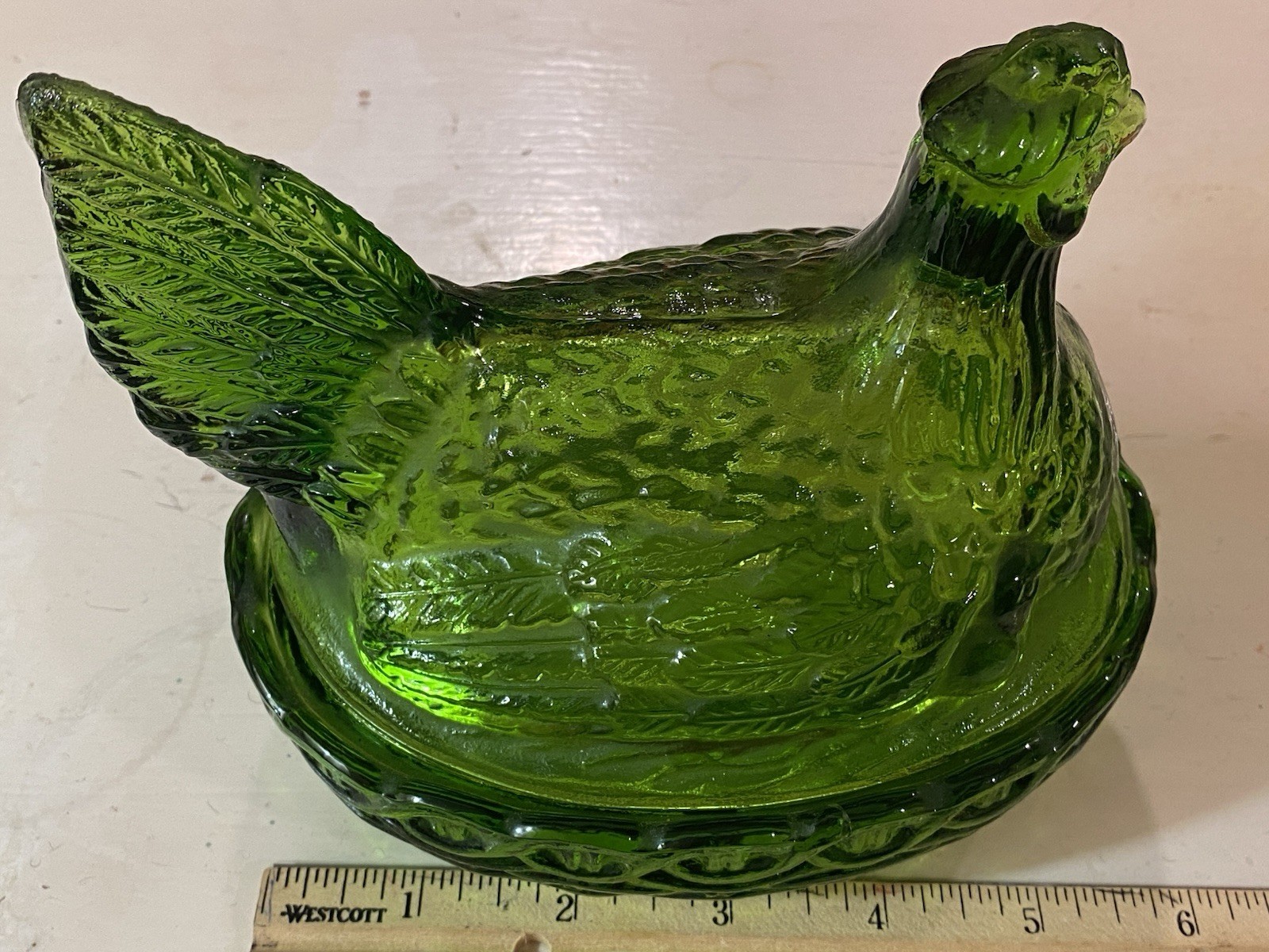 VTG L. E. Smith Emerald Green Hen On Nest Glass Chicken Dish w/Chicks Rustic