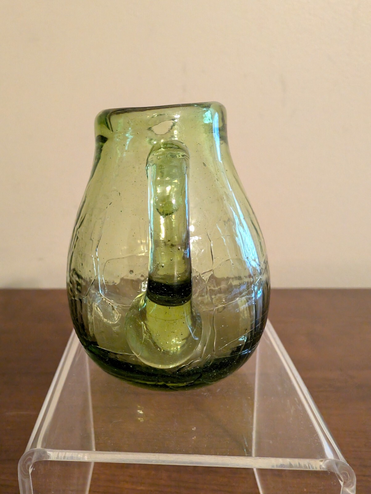 BLENKO Hand-Blown Crackle Glass Olive Green Mini Pitcher w Handle & Sharp Pontil