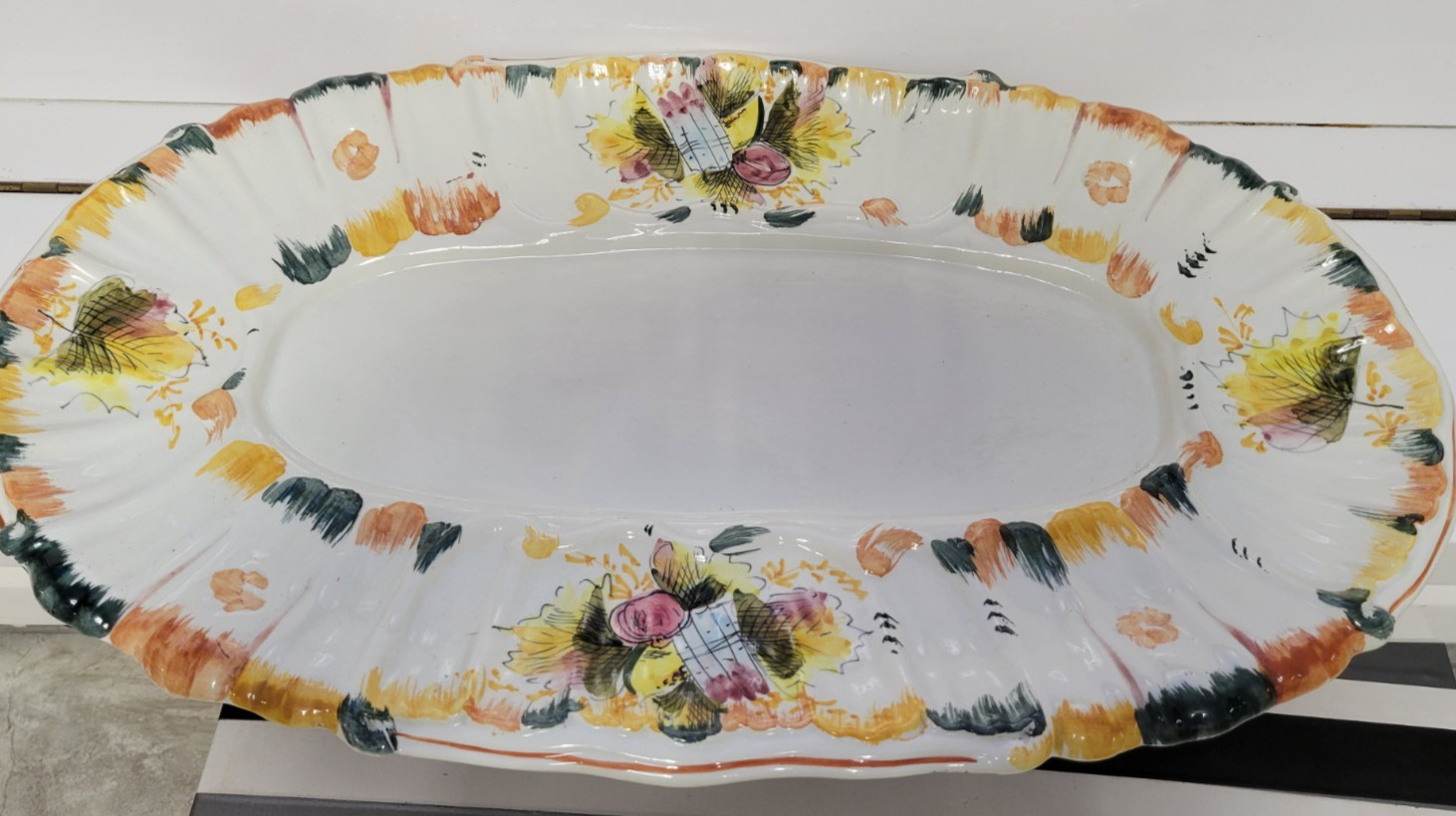 25 INCH BEIGE HANDPAINTED CERAMIC OVERSIZED OVAL SERVING PLATTER 7 POUNDS