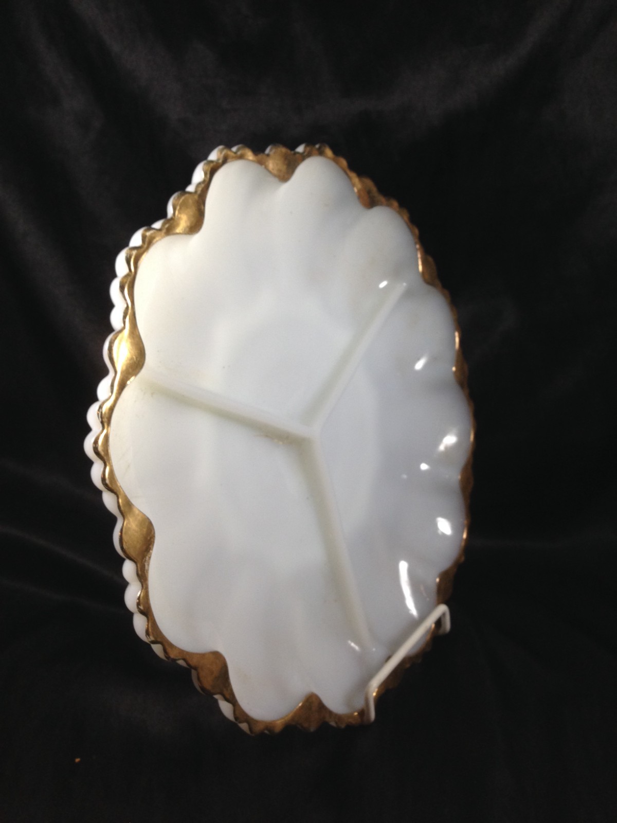 Vintage Anchor Hocking Milk Glass Divided Relish Vegetable Dish Gold Trim