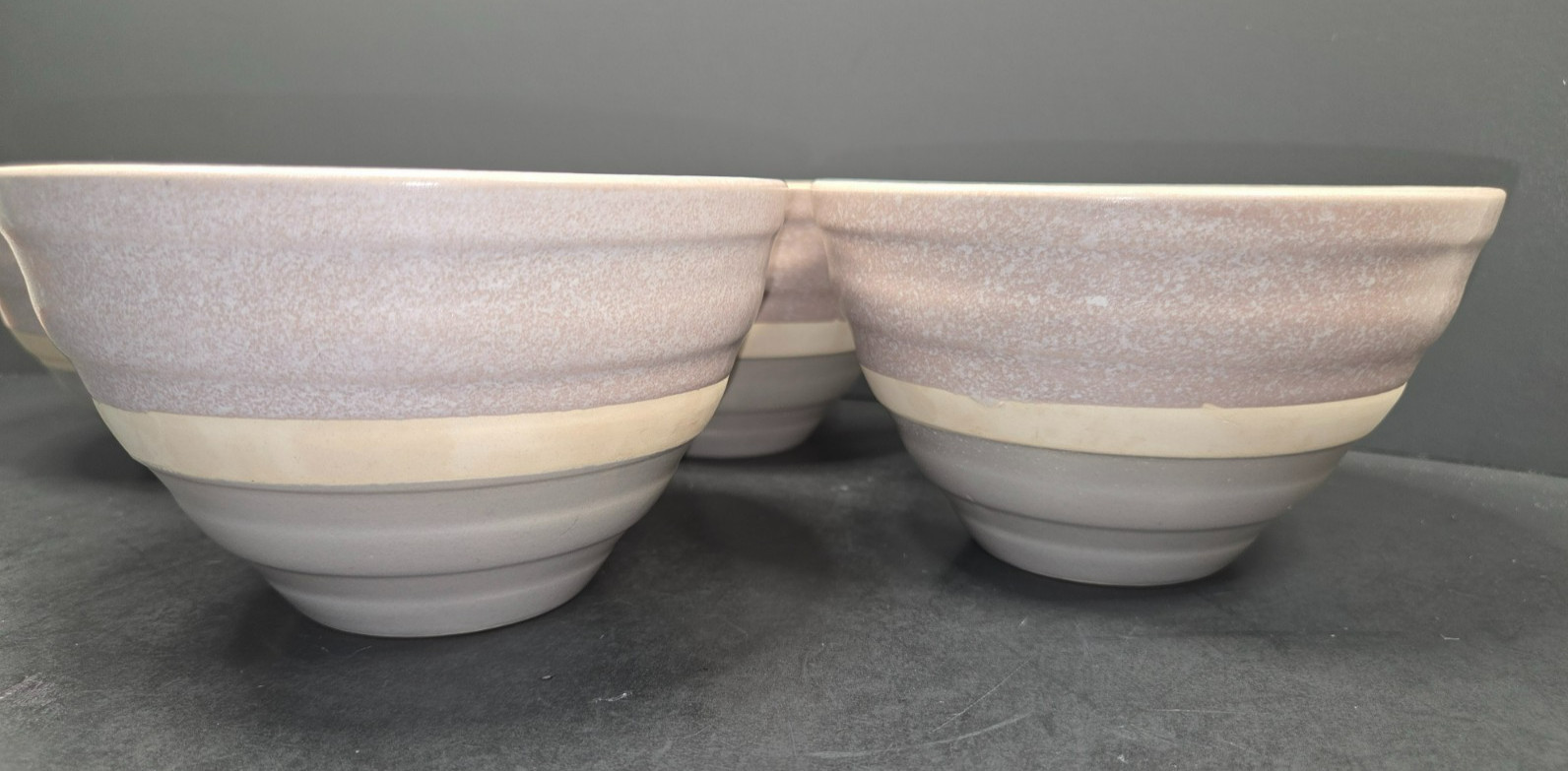 Baum Brothers HARPER Cereal Soup Bowls Mist Tan Blue Speckled Grey Band Set 4
