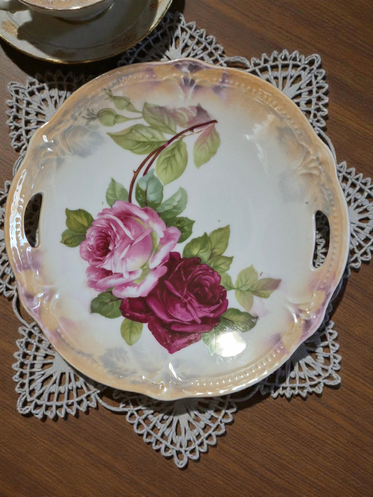 Vintage Romantic Roses Luster Edge Pierced Handles Serving Platter From Germany