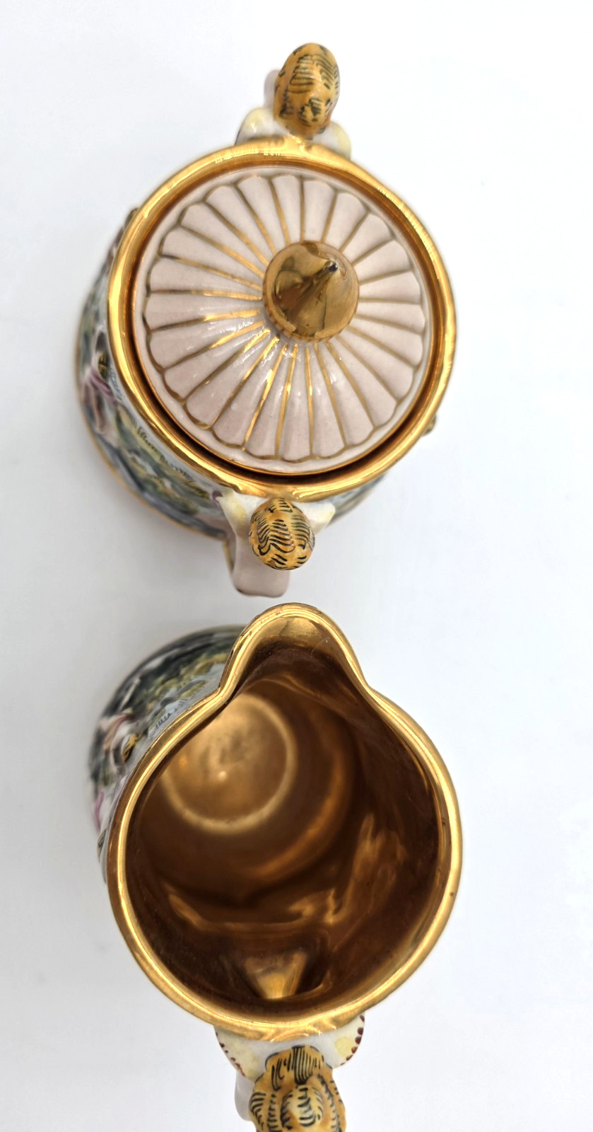 Capodimonte Cherub Sugar Bowl Creamer Set Gold Gilt Italy Porcelain VTG