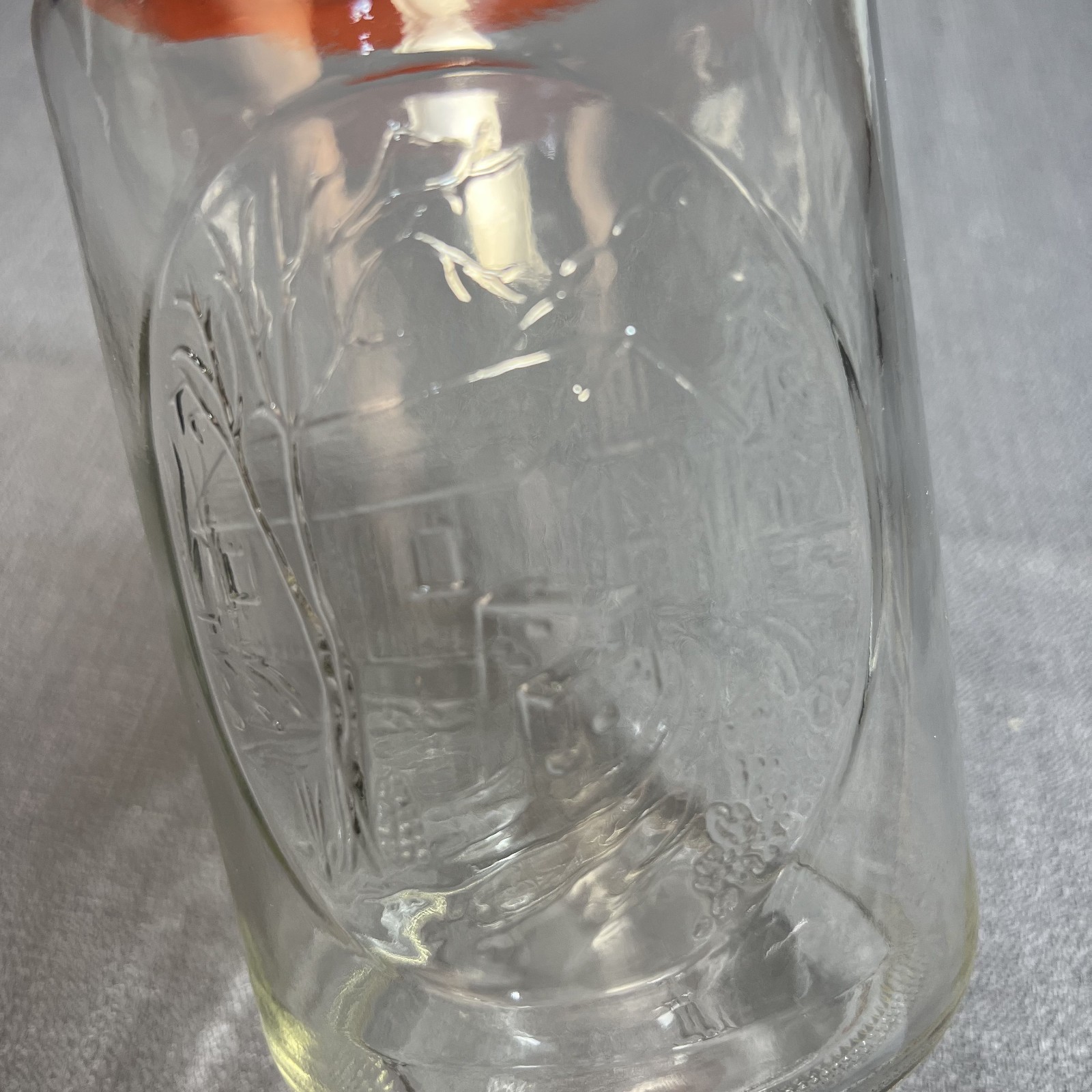 Vintage 1970’s Anchor Hocking Glass TANG Covered Bridge Jar Orange Lid