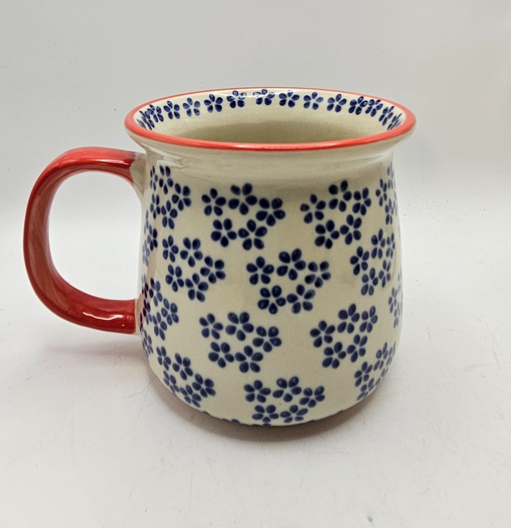 Yokohama Studio Hand-Painted Mug Blue Sprig Floral Red Rim Japanese Ceramic 16oz