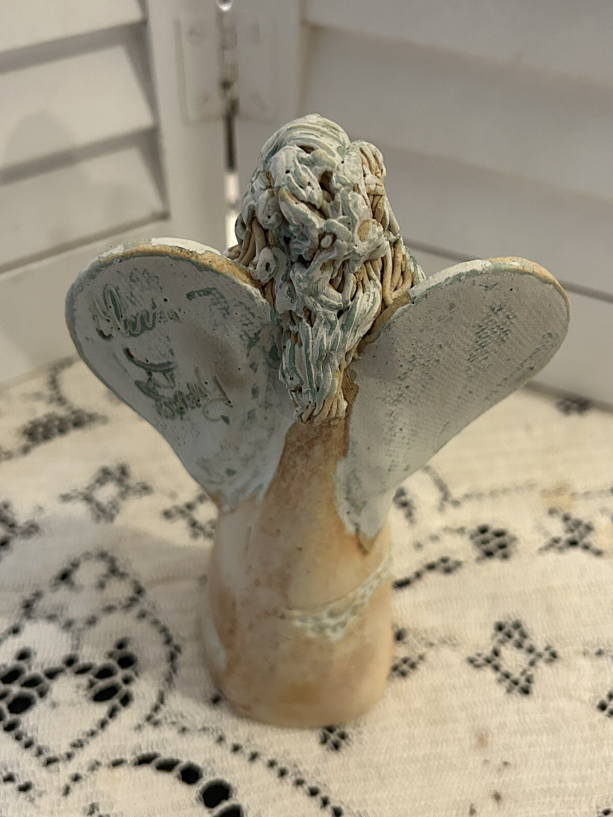 Pottery angel holding heart studio signed Olivia D Dowdy rustic North Carolina