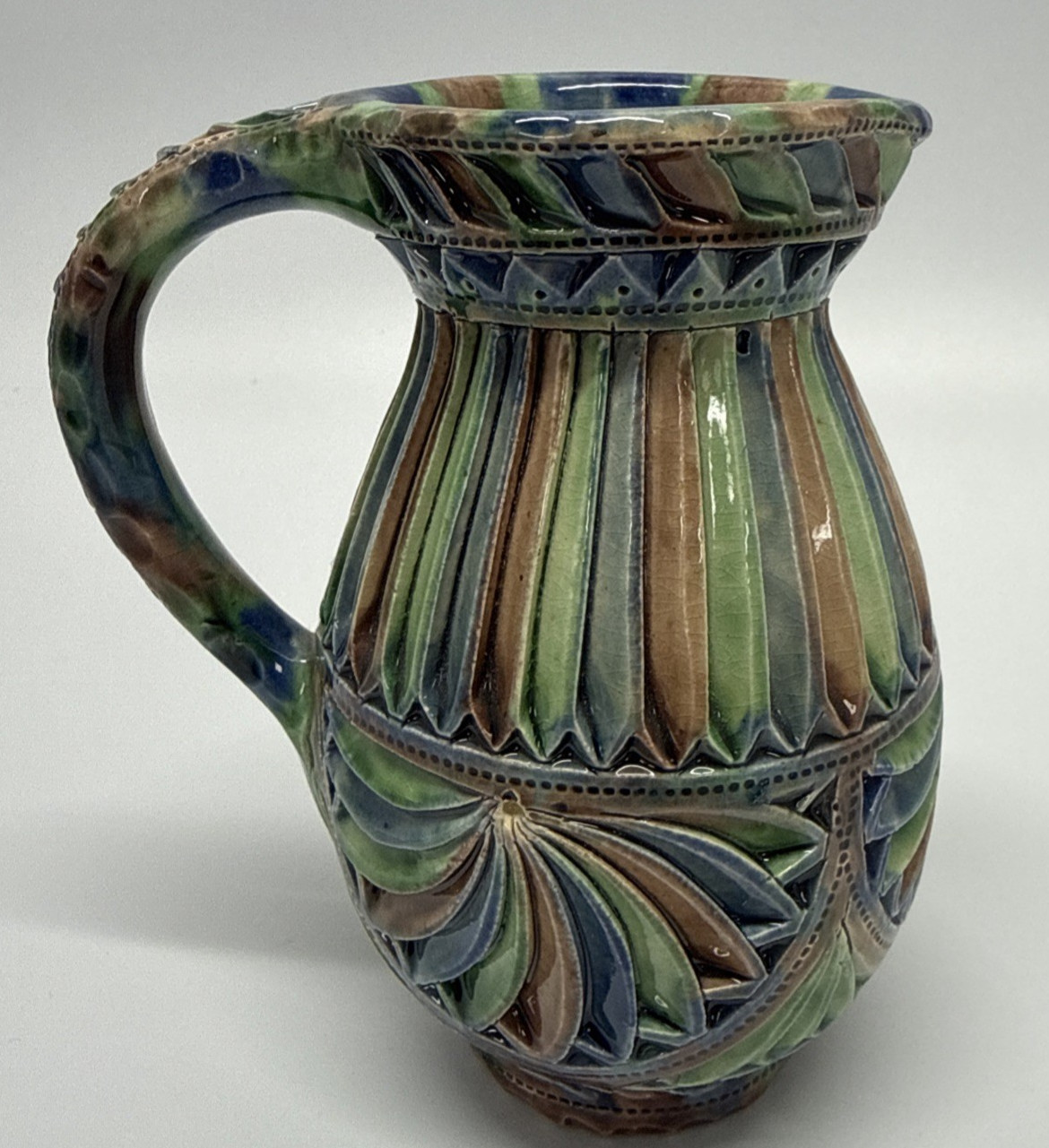 Friesland Dutch Kerfsnee Art Pottery Pitcher Green Blue Brown RF de Boer Holland
