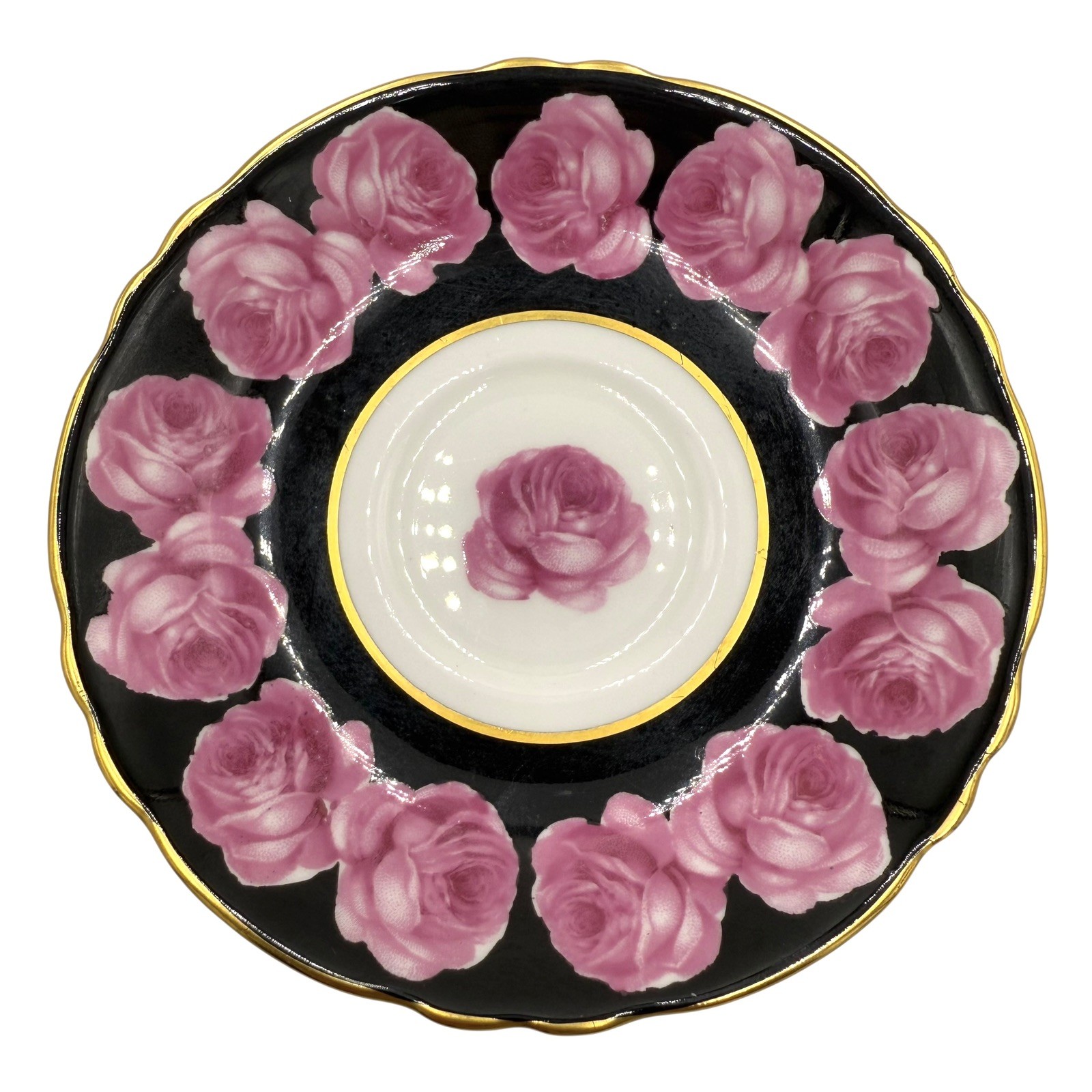 Paragon Pink Cabbage Rose Garland Black Gold Teacup & Saucer Double Warrant
