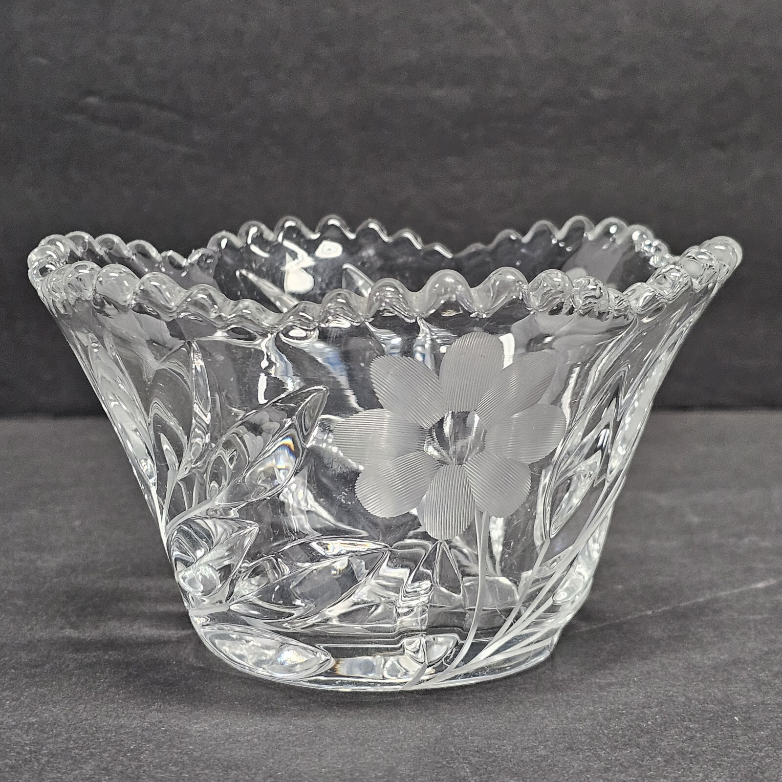 Lead Crystal Bowl Candy Nut Dish Etched Flowers Scalloped Edge Star Bottom