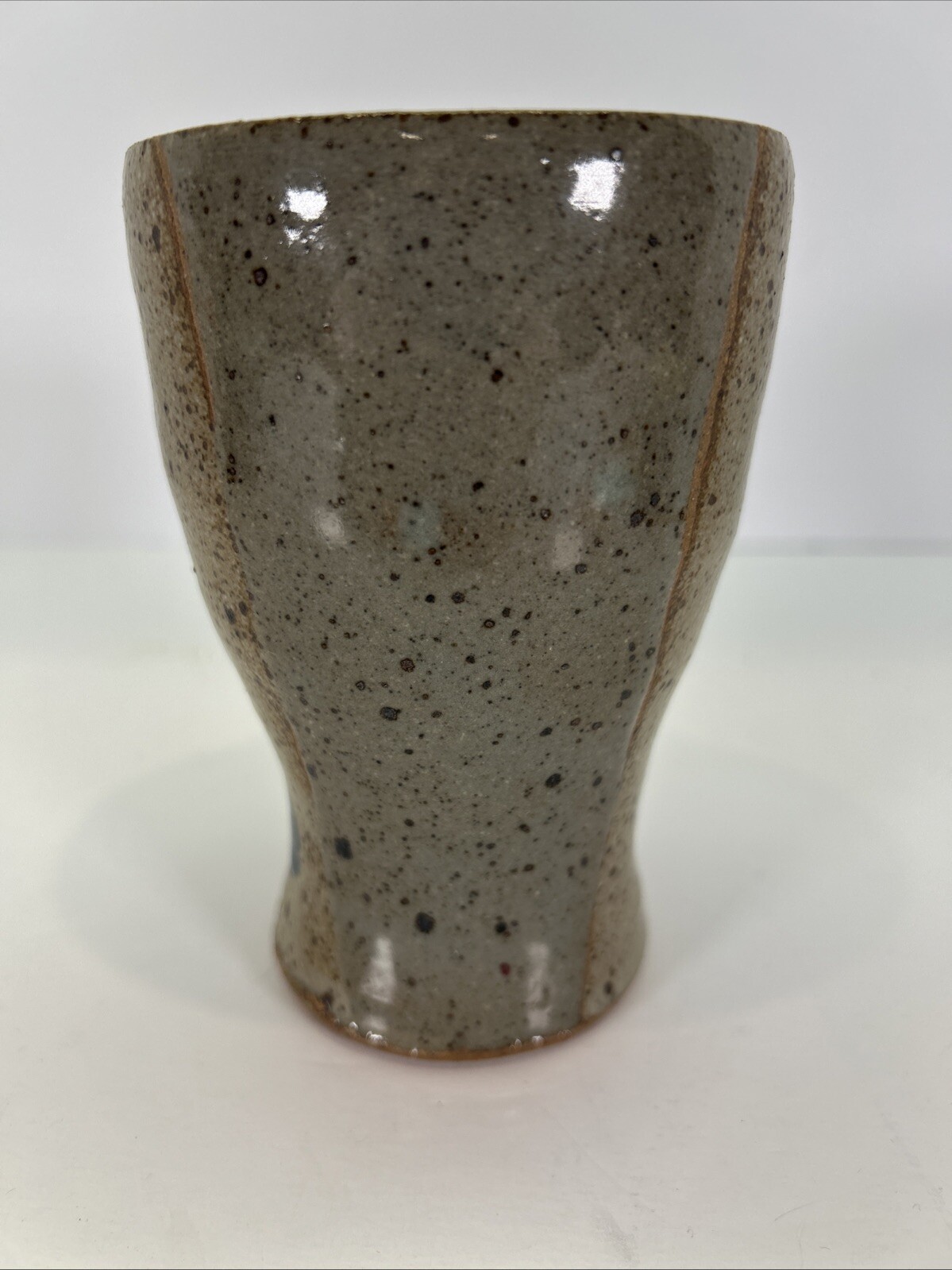 Studio Art Pottery Mug Gray Beige Blue Spotted Signed SRF 5”