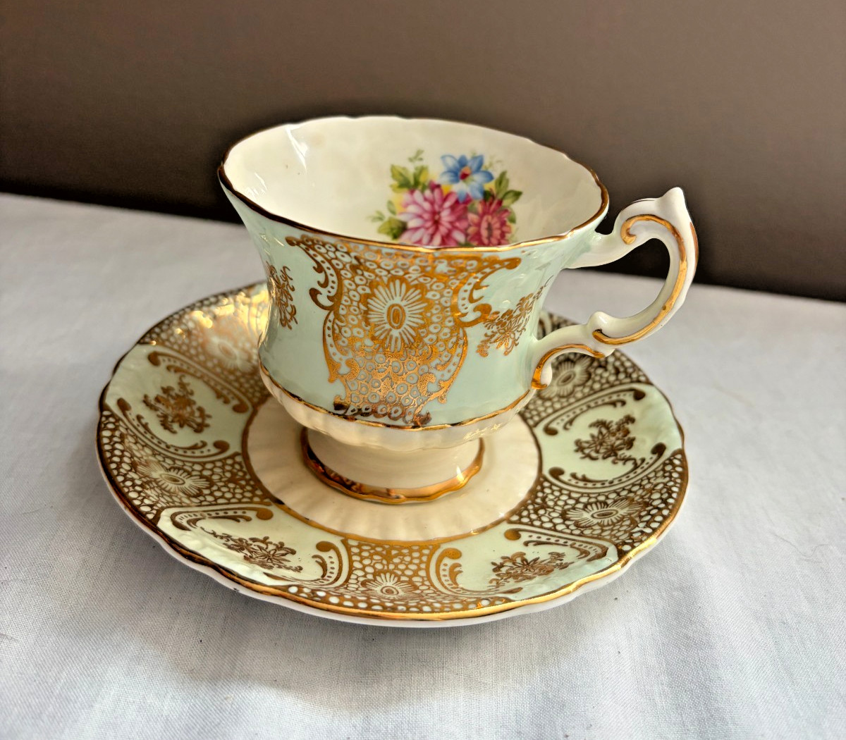 Vintage Paragon Fine Bone China Teacup & Saucer Pale Green Gold Floral England
