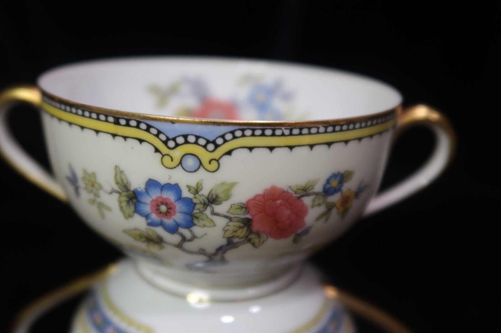 Noritake Mayflower 6 Cream Soup Bowls Rust & Blue Flowers Gold Trim 3 5/8″ Wide