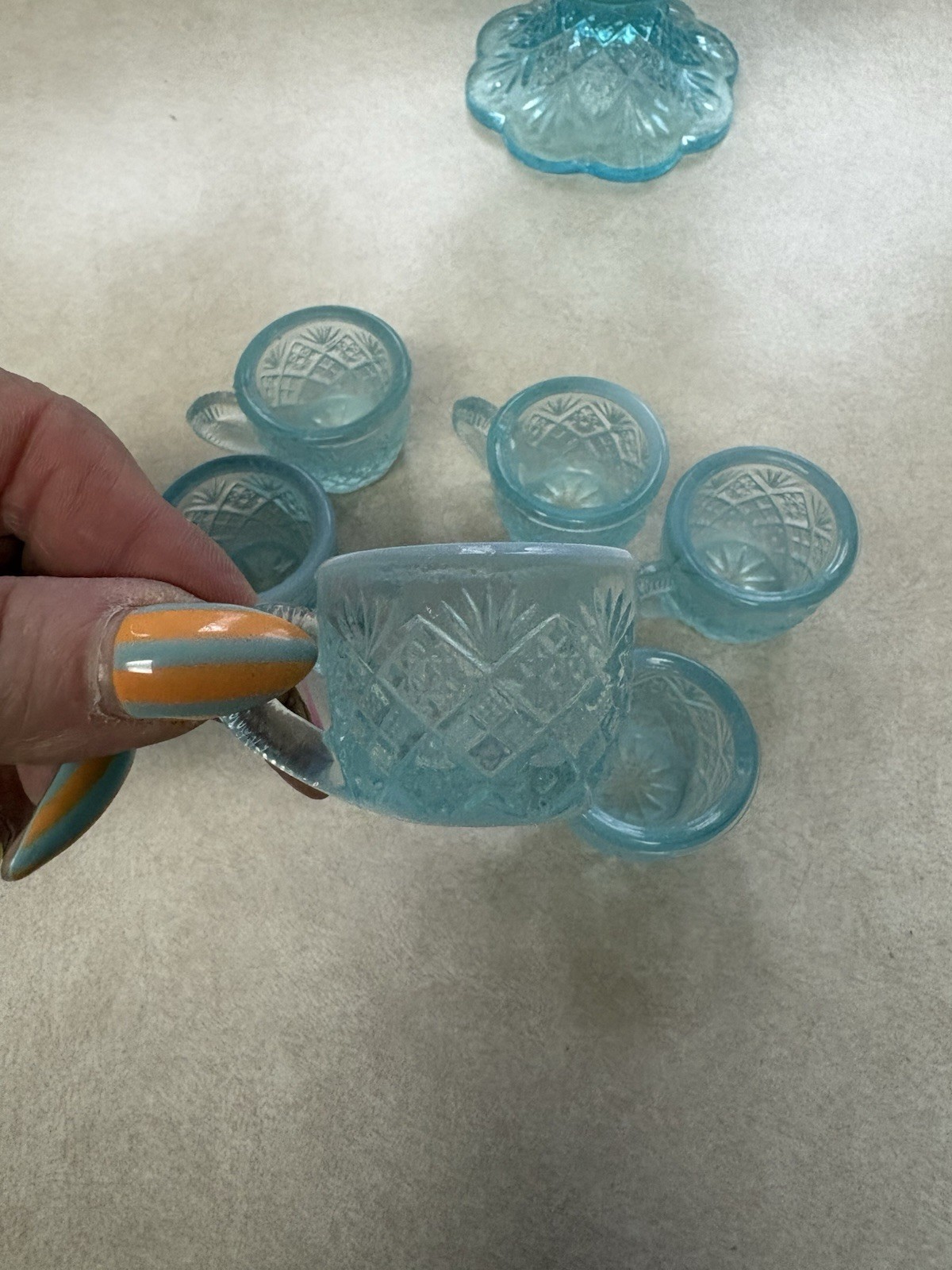 Westmoreland File and Fan Blue Opalescent Mini Punch Bowl Set 6 Mugs Glows