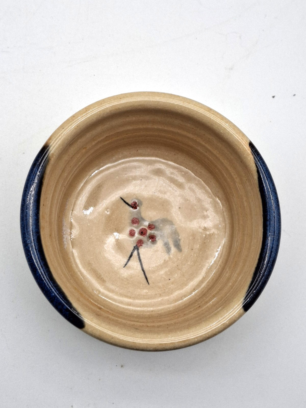 2 Mucros Bird Pottery Bowls Hand Thrown Ireland Spotted Tan Grey Blue Drip 4 5.5