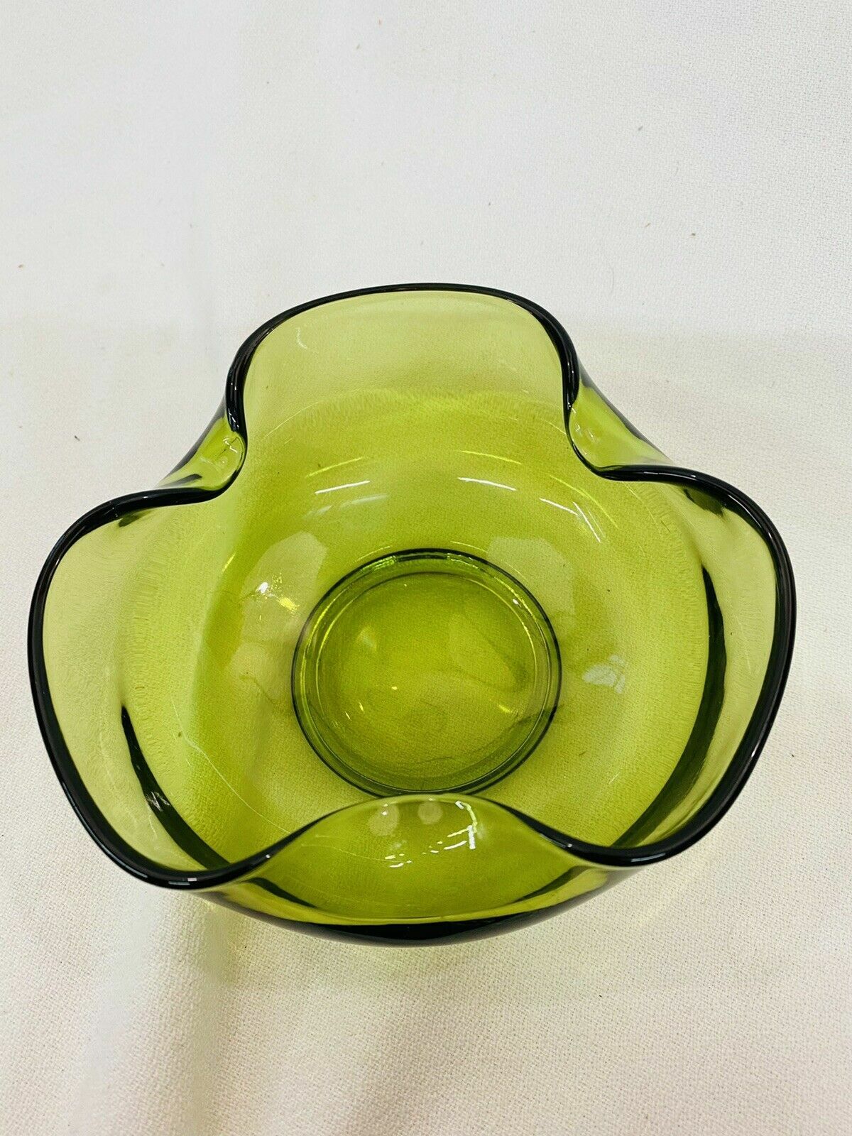Vintage Viking Art Glass Green 9″ Bowl Folded Pinched Sides Candle Holder Dish