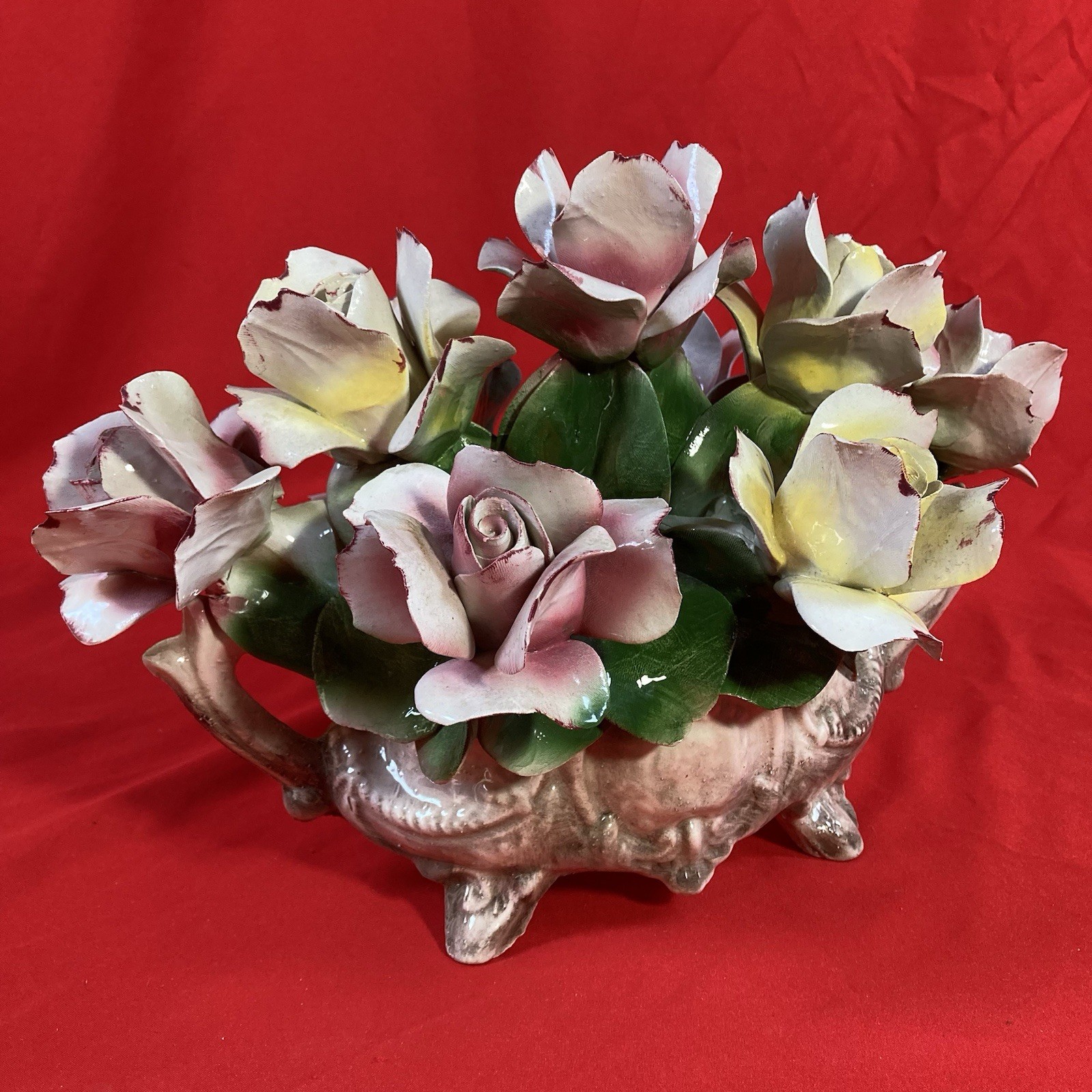 Vintage Capodimonte Hand Formed Floral Centerpiece / Made in Italy Ceramic Lg
