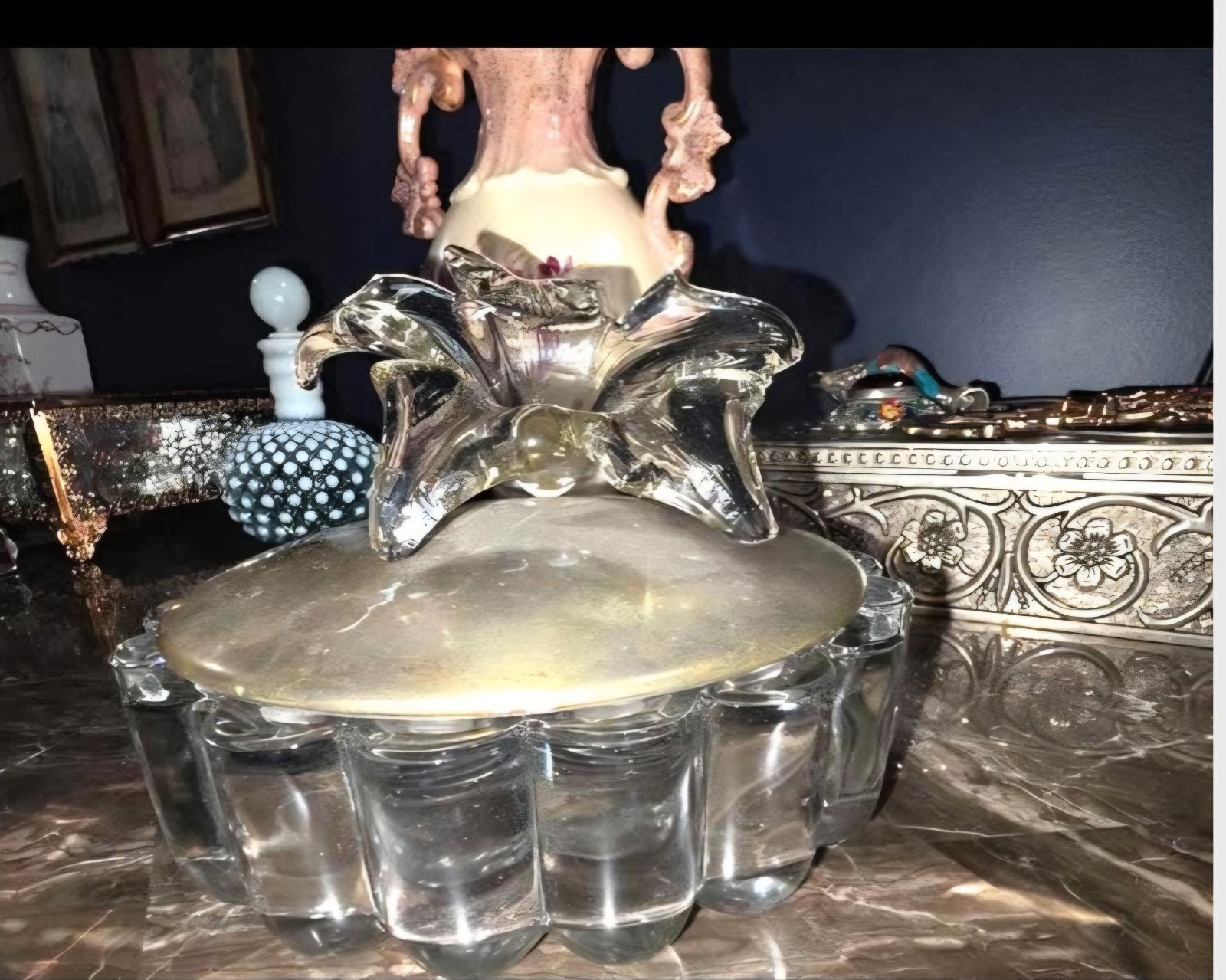 Vintage Glass Covered Candy Dish Frosted Lid Crystal Flower Finial Trinket Box